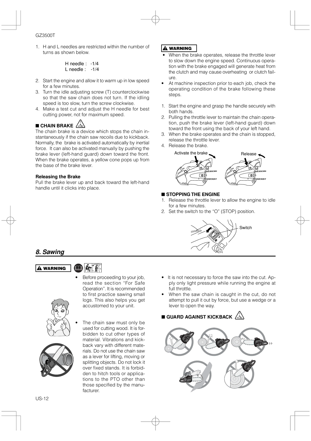 RedMax GZ3500T manual Sawing, Chain Brake, Releasing the Brake, Stopping the Engine, Guard Against Kickback 