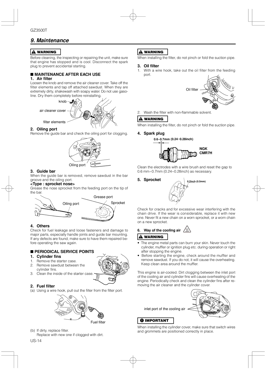 RedMax GZ3500T manual Maintenance After Each USE, Periodical Service Points 