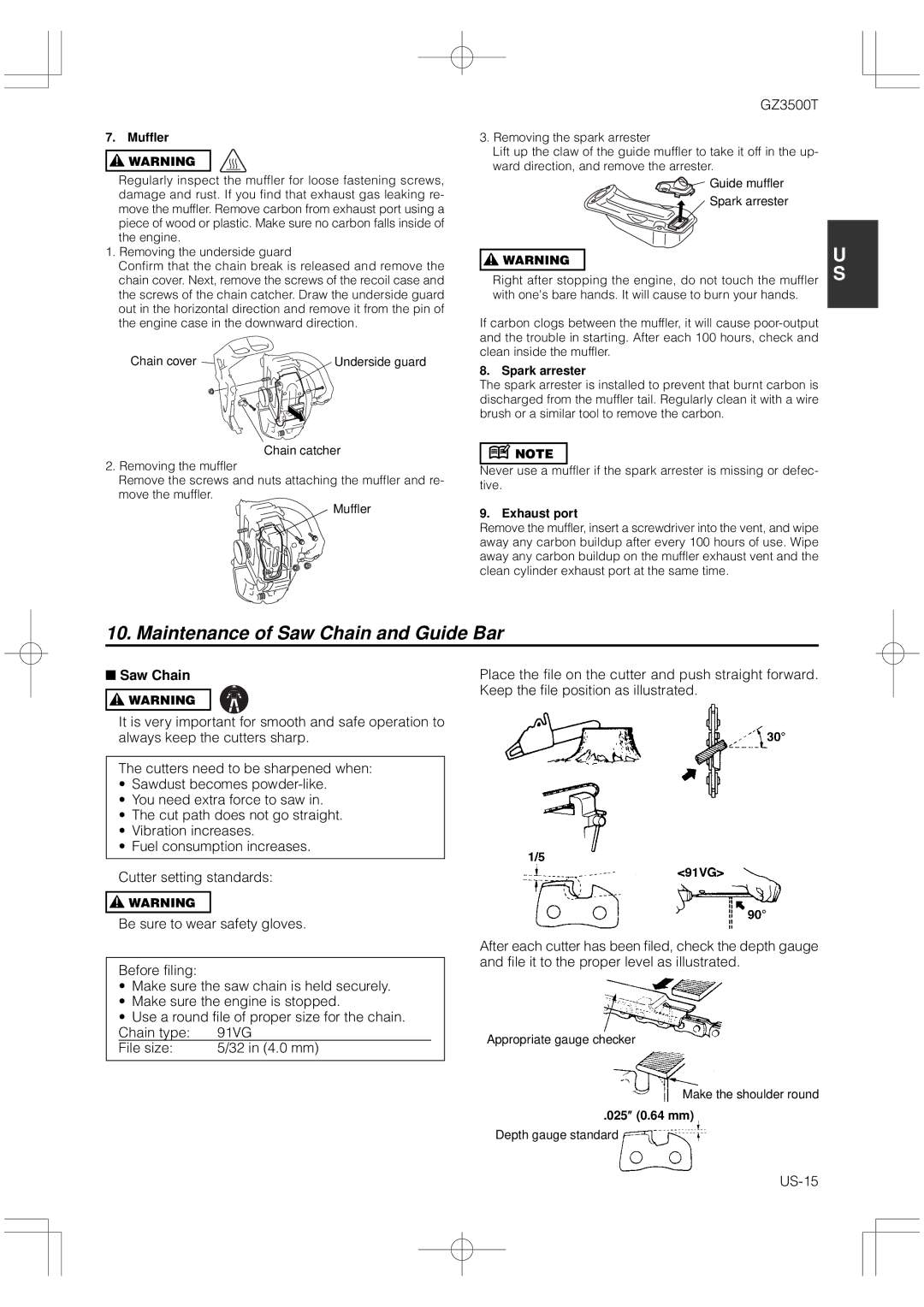 RedMax GZ3500T manual Maintenance of Saw Chain and Guide Bar, US-15 