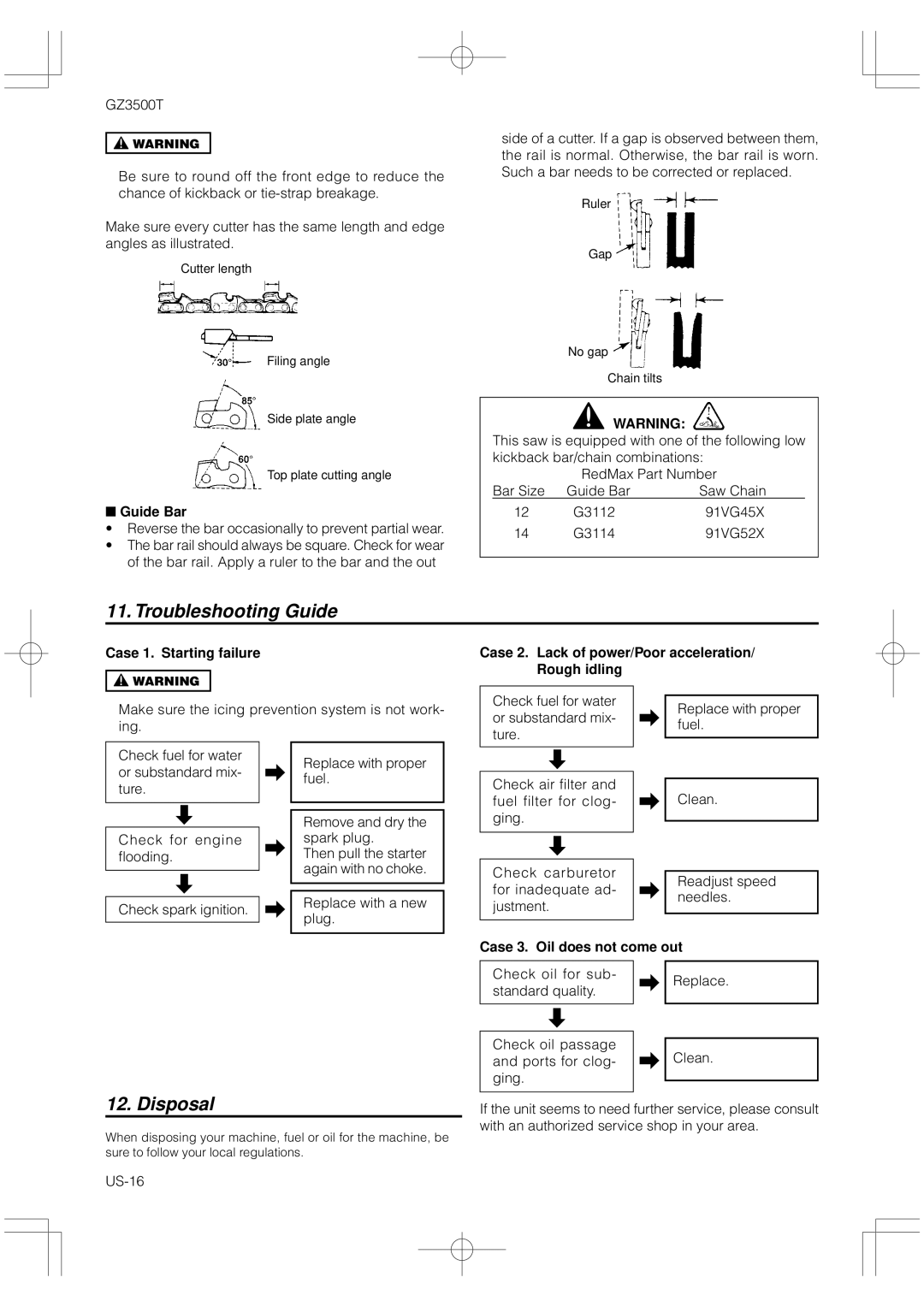 RedMax GZ3500T manual Troubleshooting Guide, Disposal, Case 1. Starting failure, Case 3. Oil does not come out 