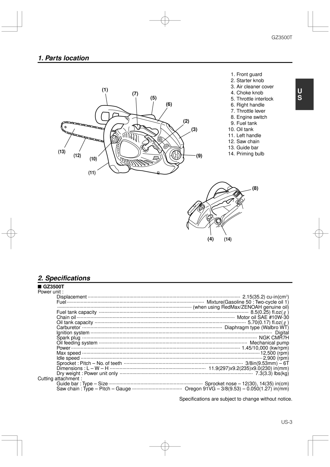 RedMax manual Parts location, Specifications, GZ3500T Power unit 