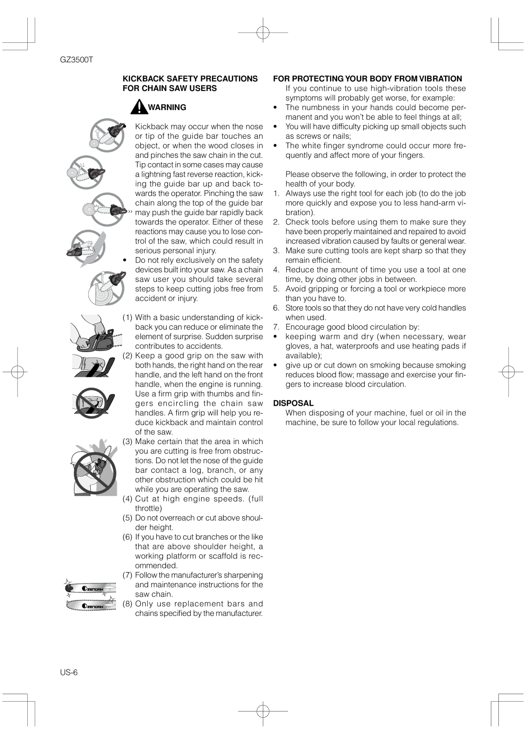 RedMax GZ3500T manual Kickback Safety Precautions For Chain SAW Users, Disposal 