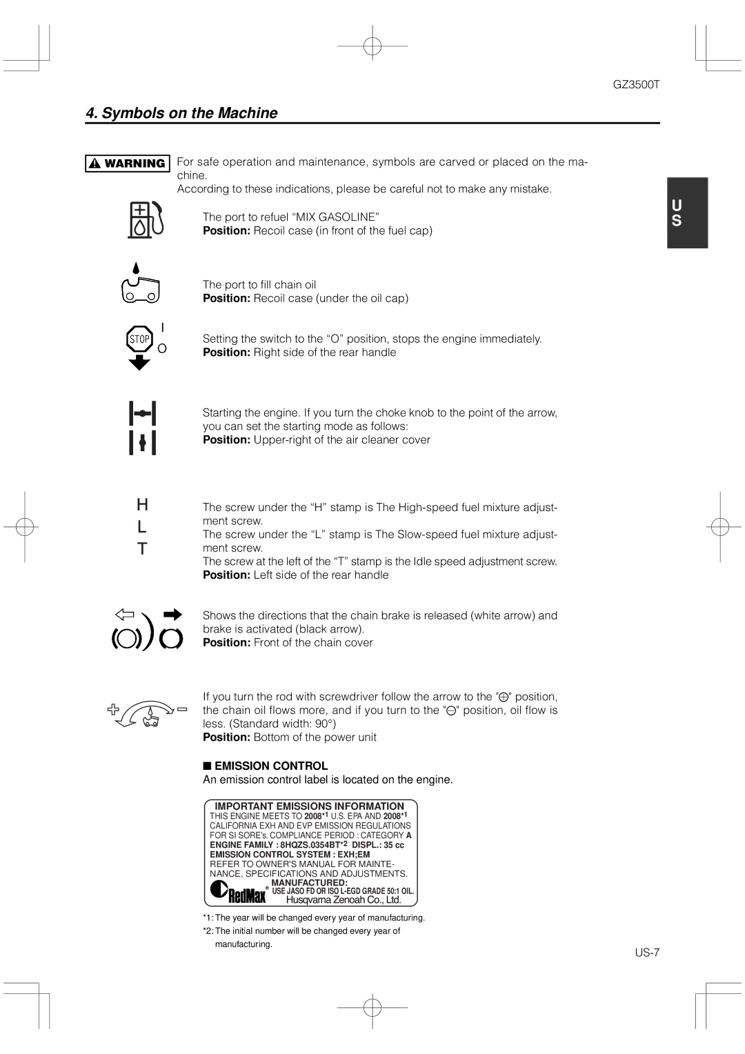 RedMax GZ3500T manual Symbols on the Machine, Emission Control, An emission control label is located on the engine, US-7 