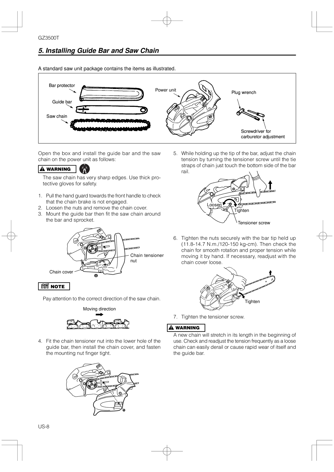 RedMax GZ3500T manual Installing Guide Bar and Saw Chain, Standard saw unit package contains the items as illustrated 