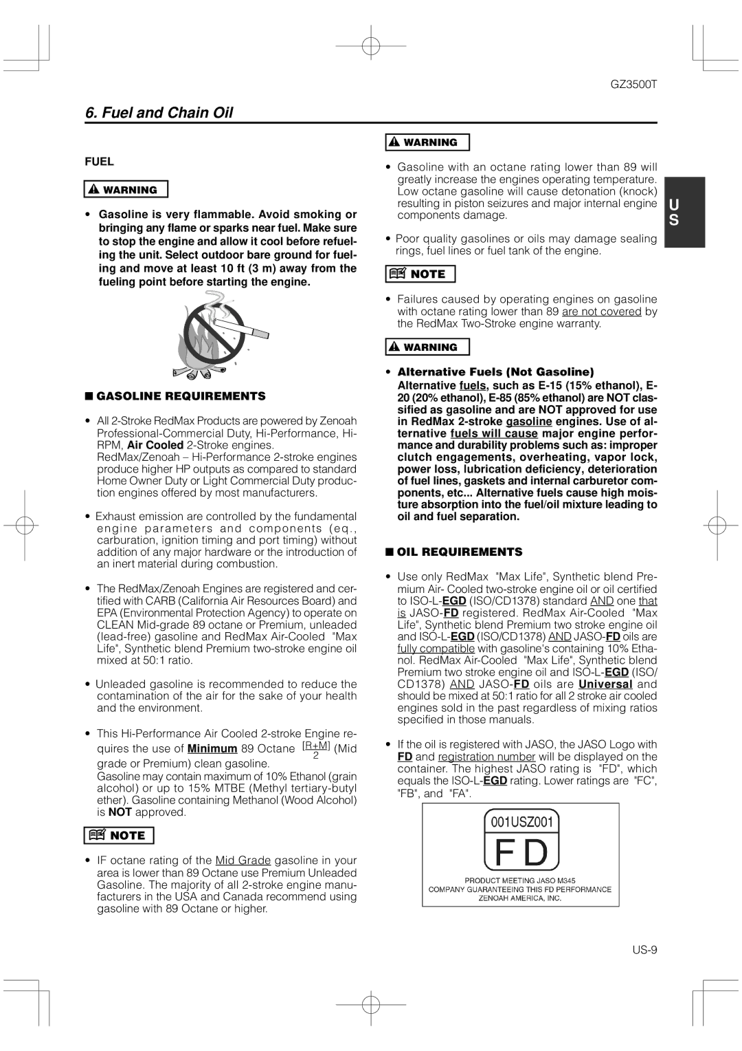 RedMax GZ3500T manual Fuel and Chain Oil, Gasoline Requirements, OIL Requirements 