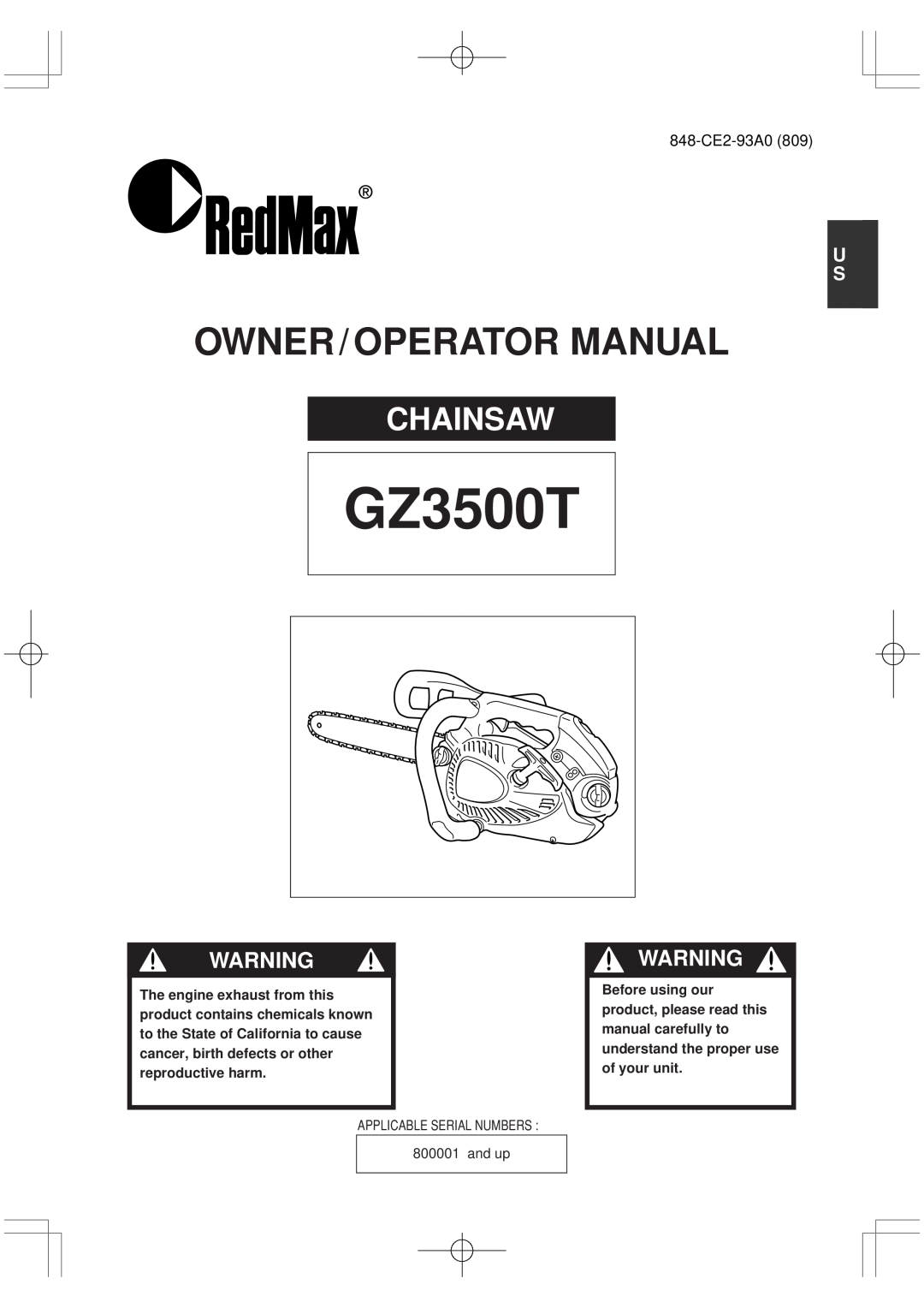RedMax GZ3500T manual F R E S, Owner / Operator Manual, Chainsaw, 848-CE2-93A0 