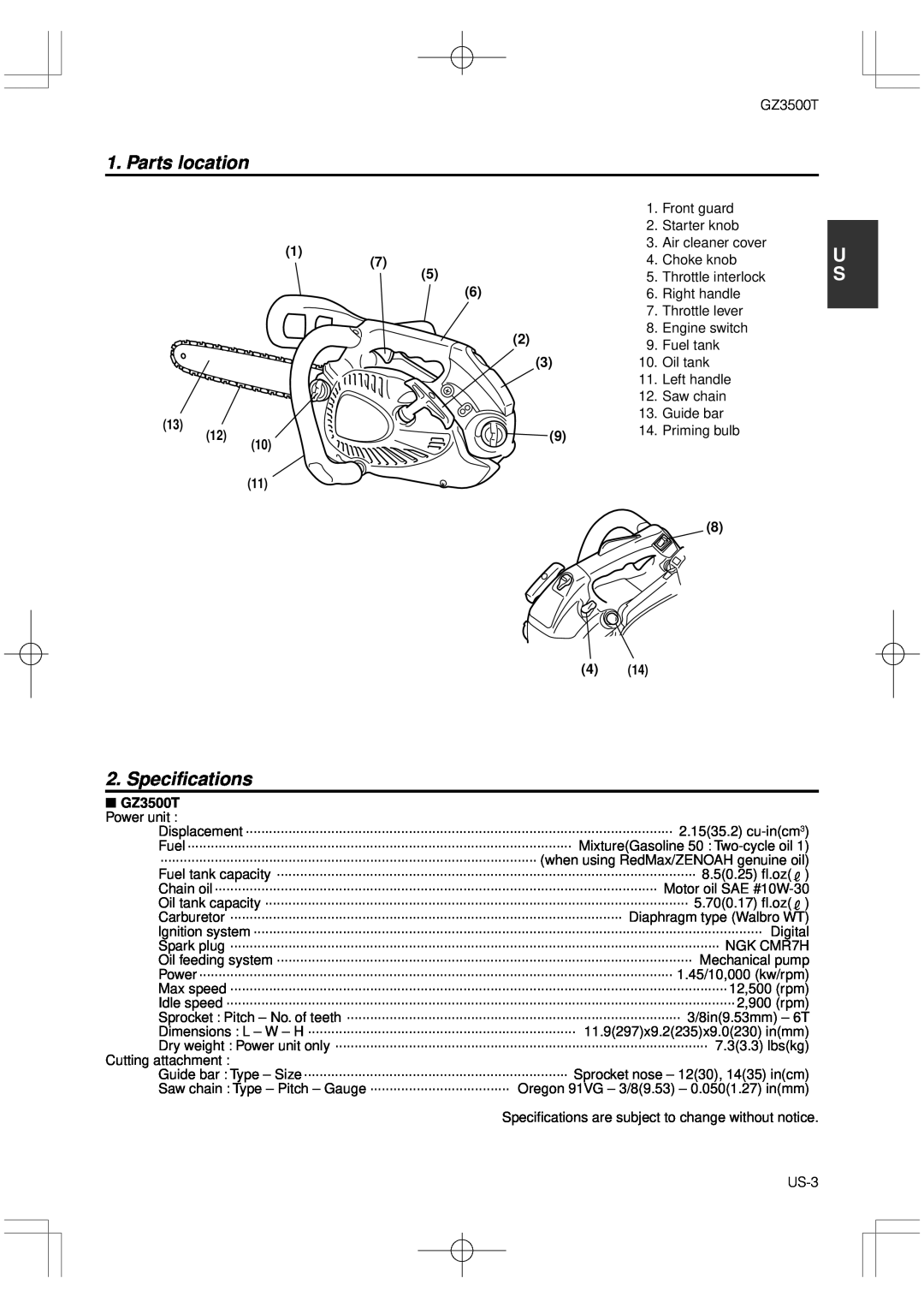 RedMax manual Parts location, Specifications, GZ3500T Power unit 