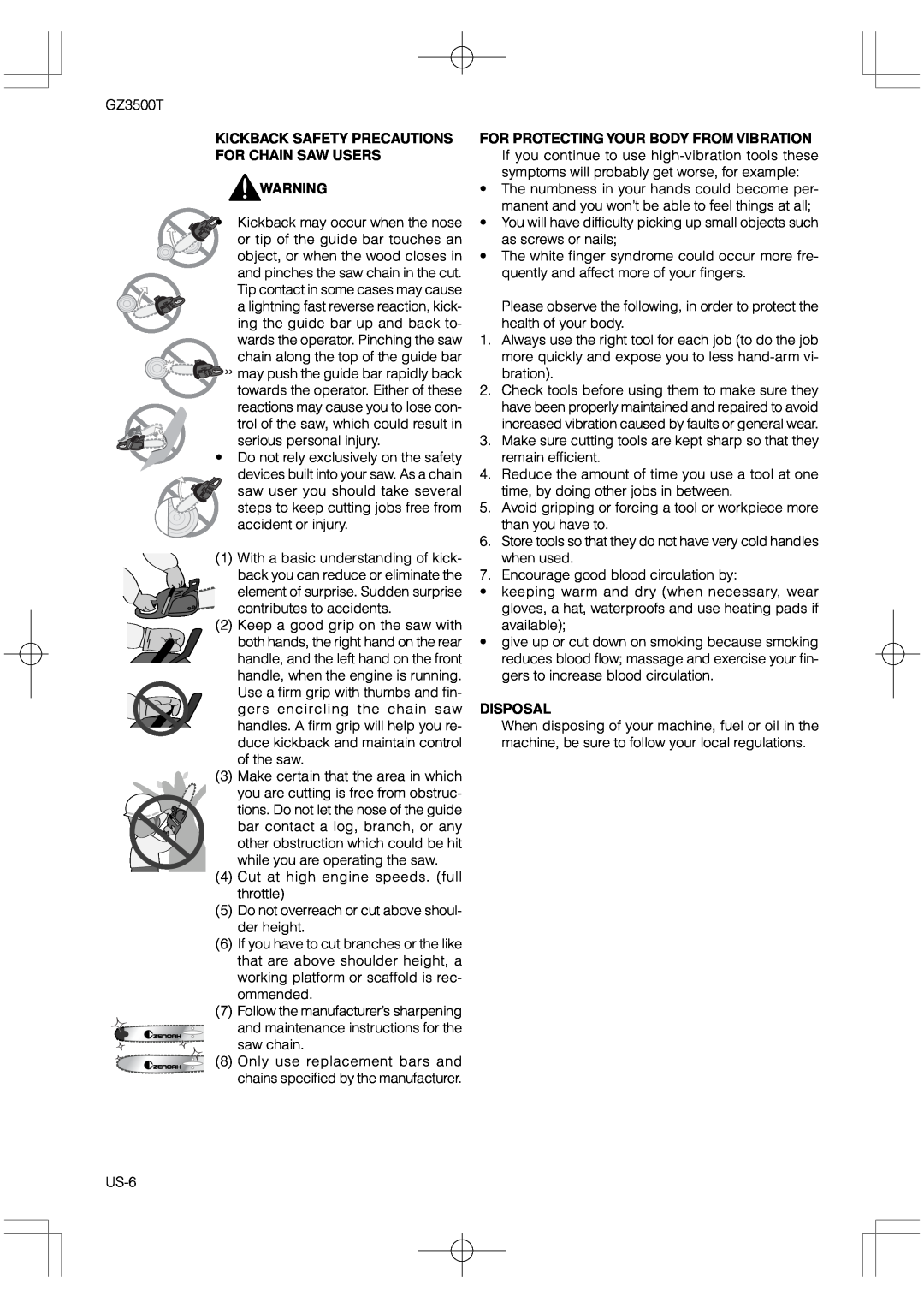 RedMax GZ3500T manual Kickback Safety Precautions For Chain Saw Users, Disposal 