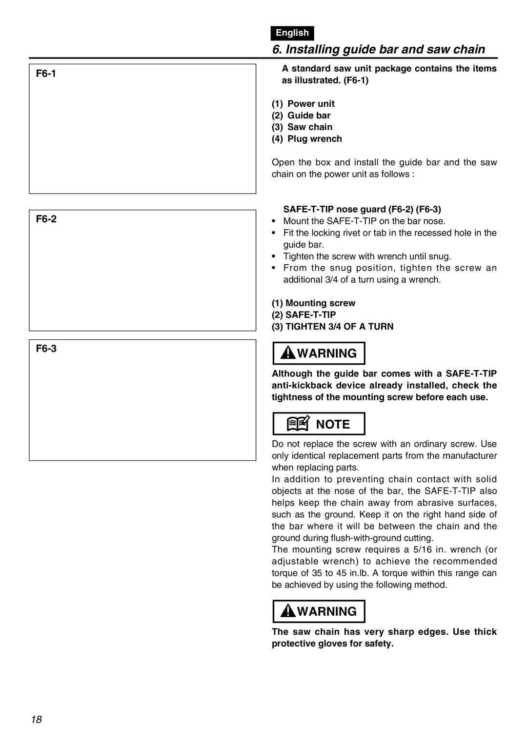 RedMax GZ400 manual Installing guide bar and saw chain, SAFE-T-TIP nose guard F6-2 F6-3, Mounting screw 