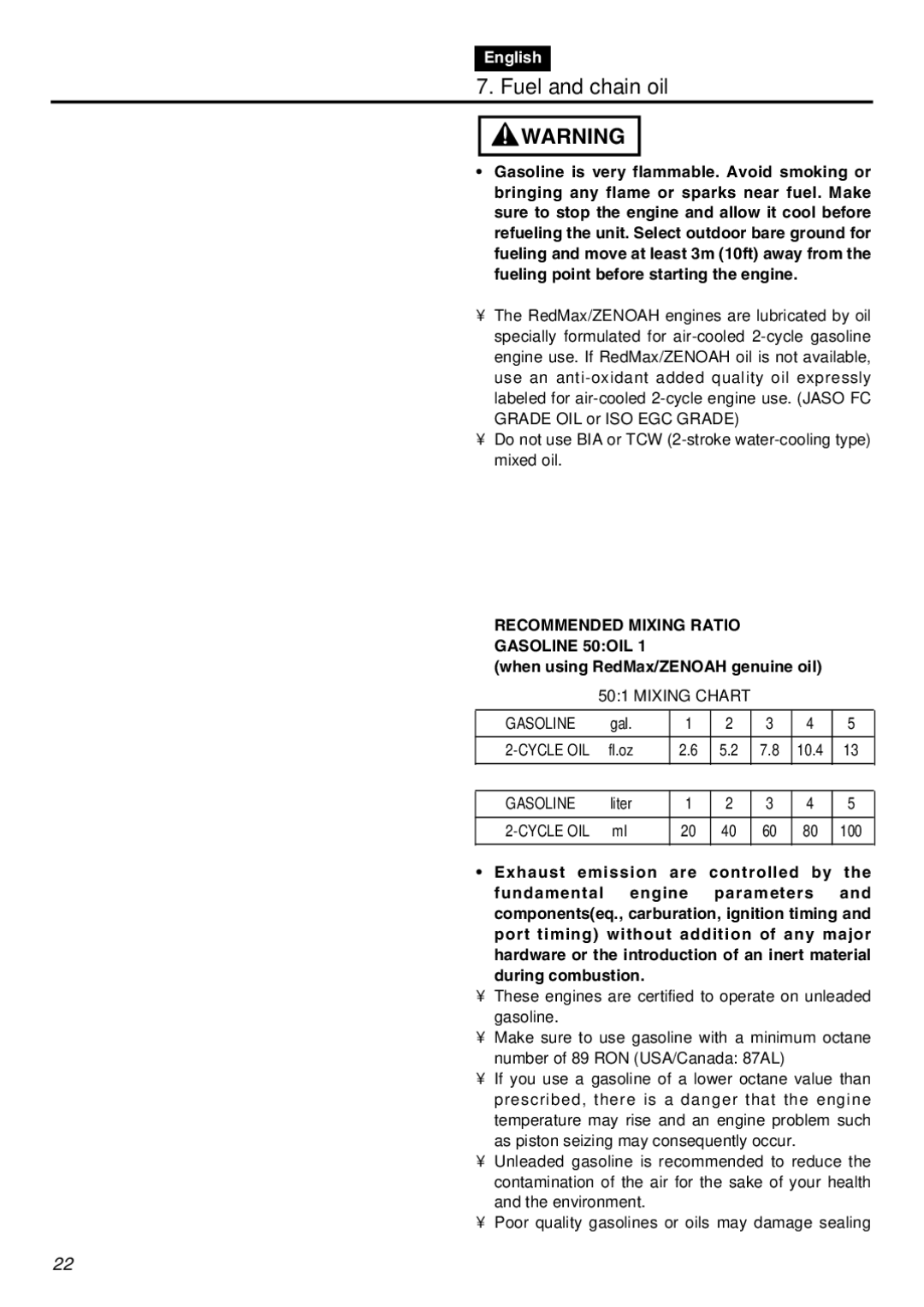 RedMax GZ400 manual Fuel and chain oil, Recommended Mixing Ratio Gasoline 50OIL, When using RedMax/ZENOAH genuine oil 