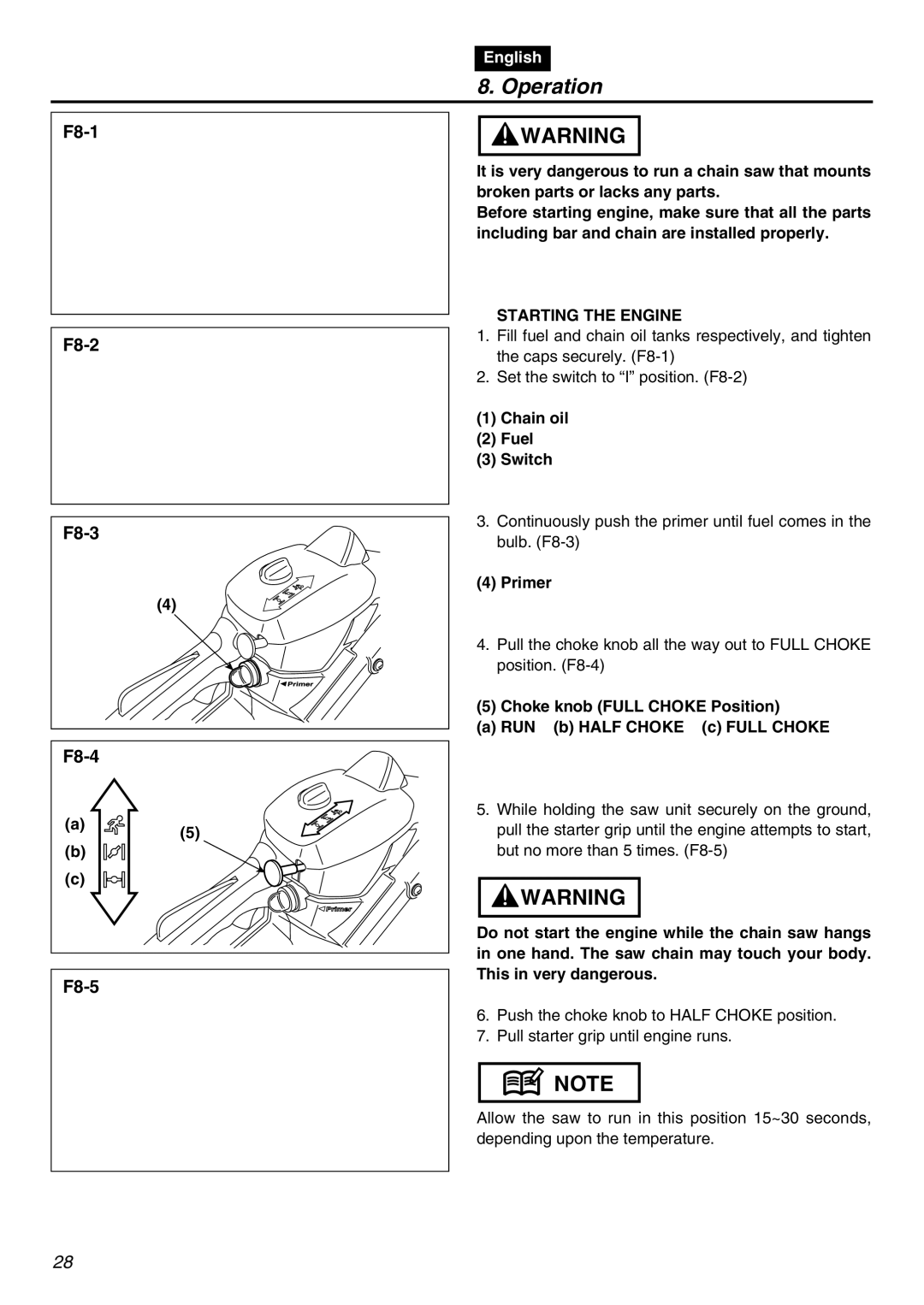 RedMax GZ400 manual Operation, Starting the Engine, Chain oil Fuel Switch, Primer 