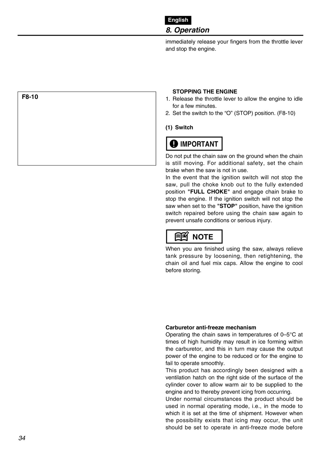 RedMax GZ400 manual Stopping the Engine, Carburetor anti-freeze mechanism 