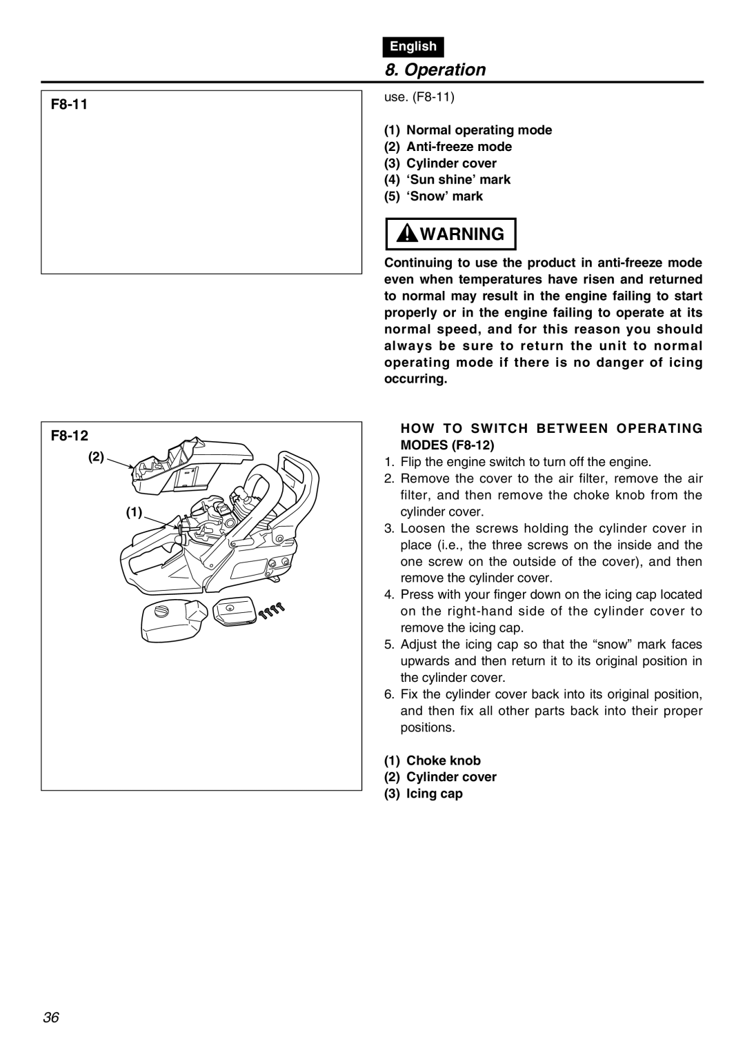 RedMax GZ400 manual HOW to Switch Between Operating, Modes F8-12, Choke knob Cylinder cover Icing cap 