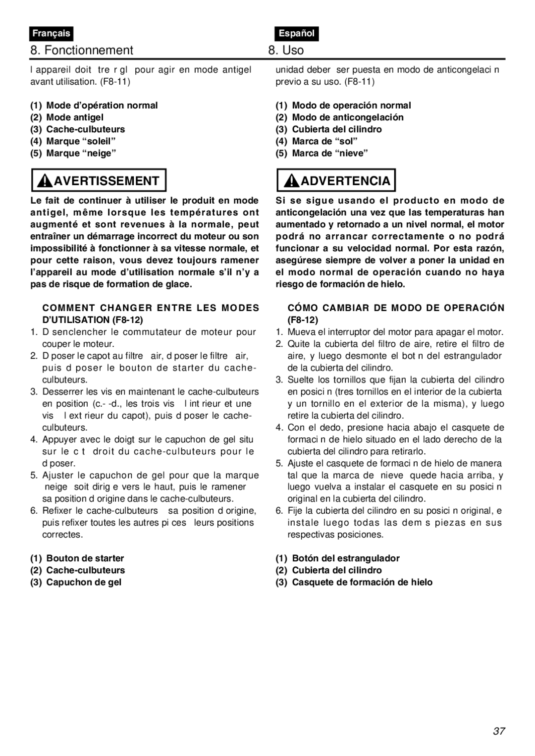 RedMax GZ400 Fonctionnement Uso, Comment Changer Entre LES Modes ’UTILISATION F8-12, Cómo Cambiar DE Modo DE Operación 