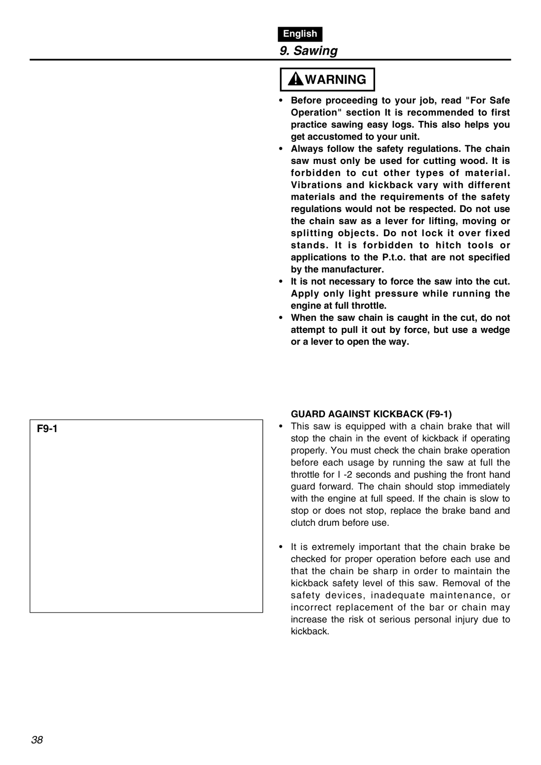 RedMax GZ400 manual Sawing, Guard Against Kickback F9-1 