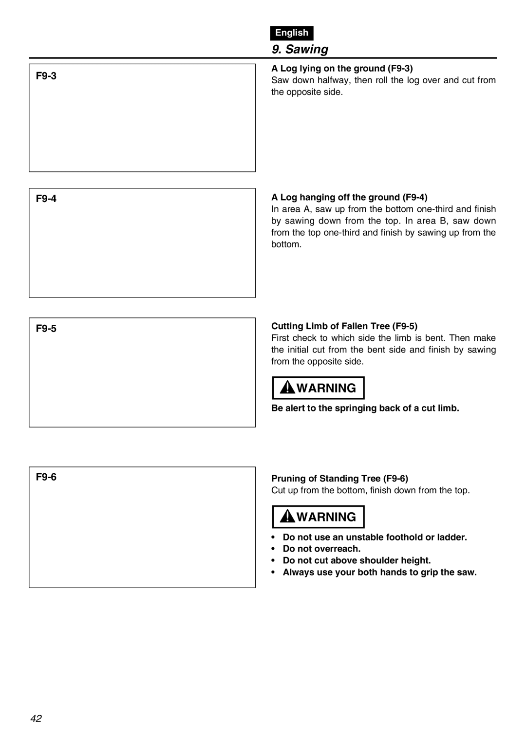 RedMax GZ400 manual Log lying on the ground F9-3, Log hanging off the ground F9-4, Cutting Limb of Fallen Tree F9-5 