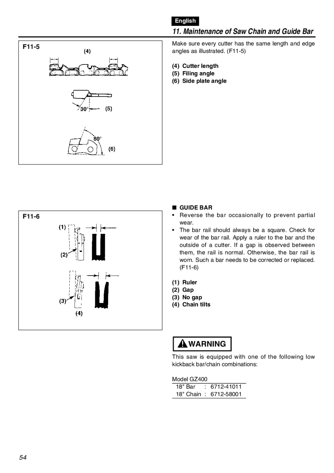 RedMax GZ400 manual Cutter length Filing angle Side plate angle, Guide BAR, Ruler Gap No gap Chain tilts 