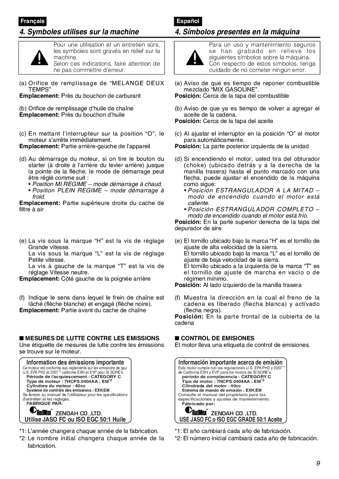 RedMax GZ400 manual Information des émissions importante, Control DE Emisiones 