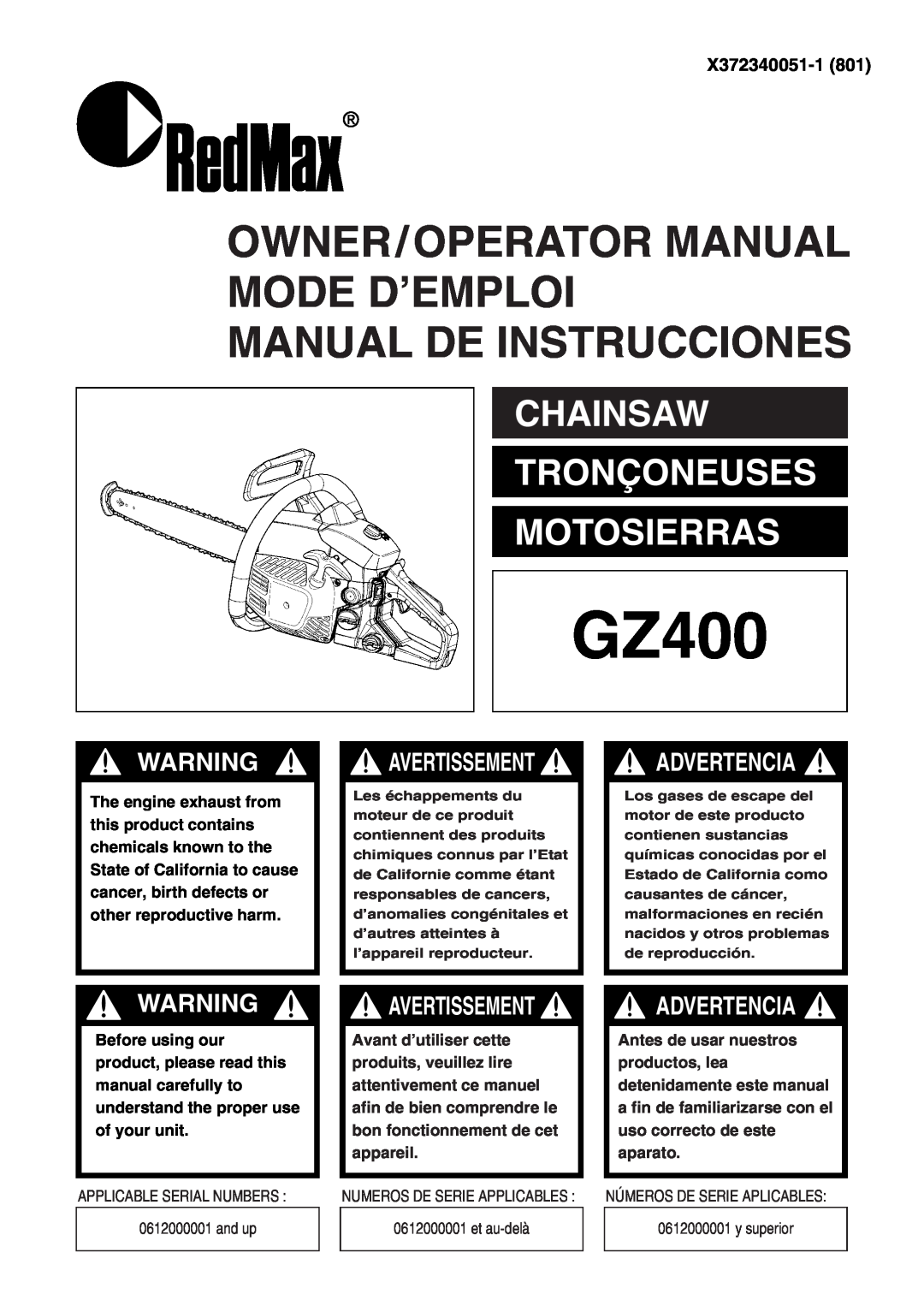 RedMax GZ400 manual X372340051-1, Owner/Operator Manual Mode D’Emploi Manual De Instrucciones, Advertencia, Avertissement 