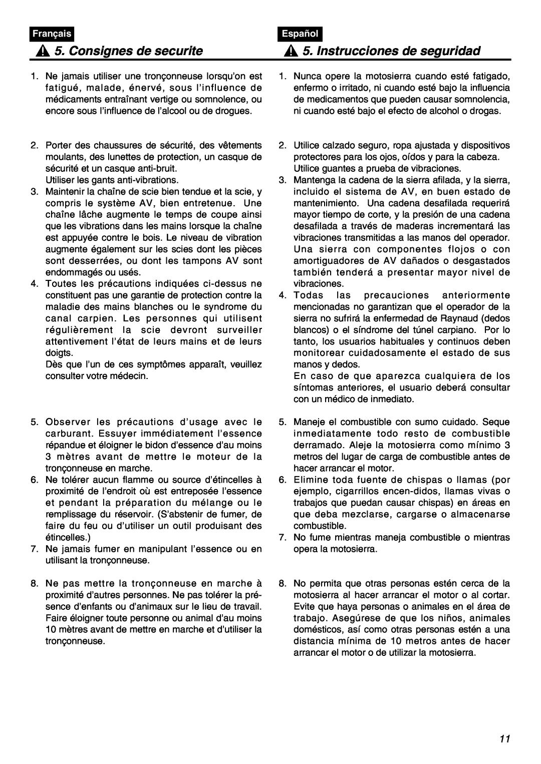 RedMax GZ400 manual Consignes de securite, Instrucciones de seguridad, Français, Español 