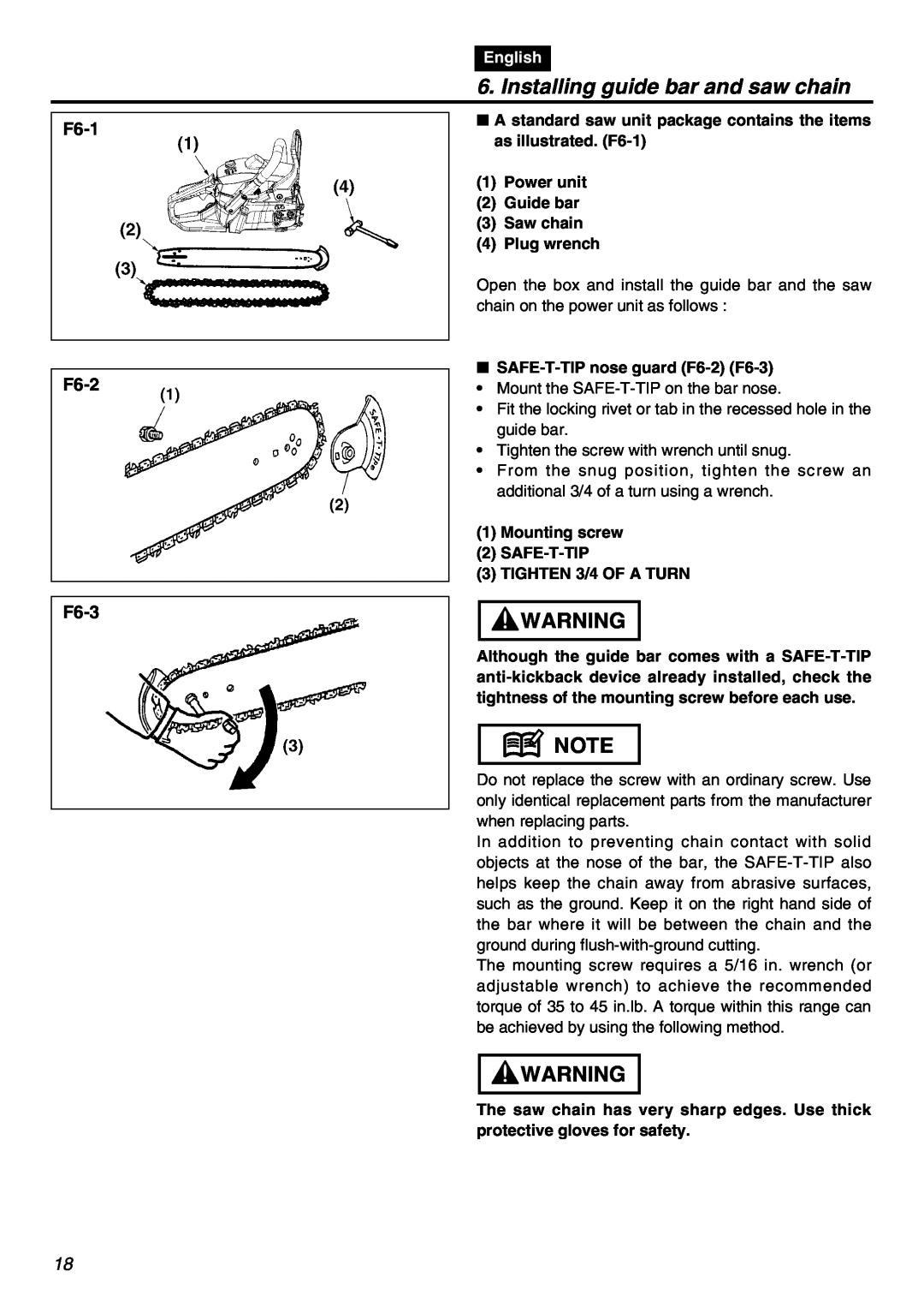 RedMax GZ400 manual Installing guide bar and saw chain, F6-1 F6-2 F6-3, English 
