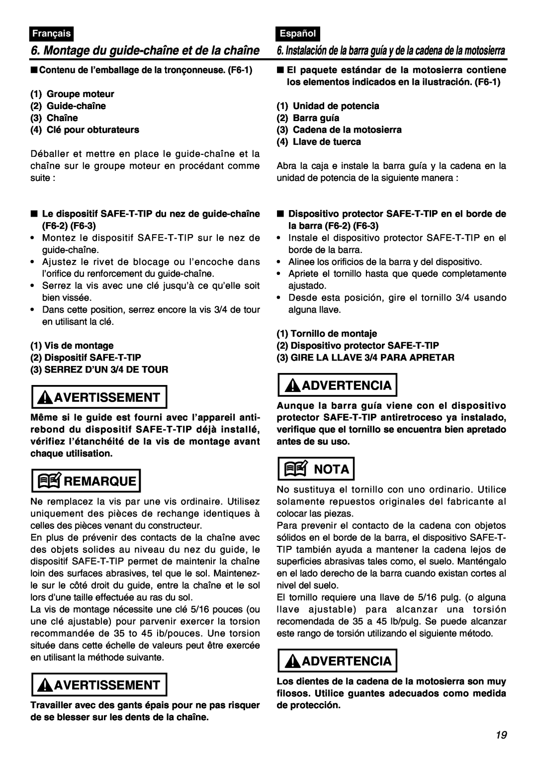 RedMax GZ400 manual Montage du guide-chaîne et de la chaîne, Français, Español, Avertissement, Remarque, Advertencia, Nota 