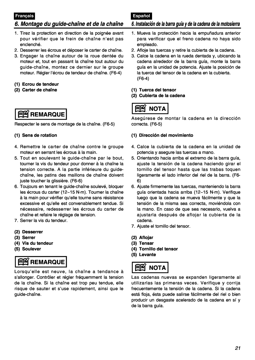 RedMax GZ400 manual Remarque, Nota, Montage du guide-chaîne et de la chaîne, Français, Español 