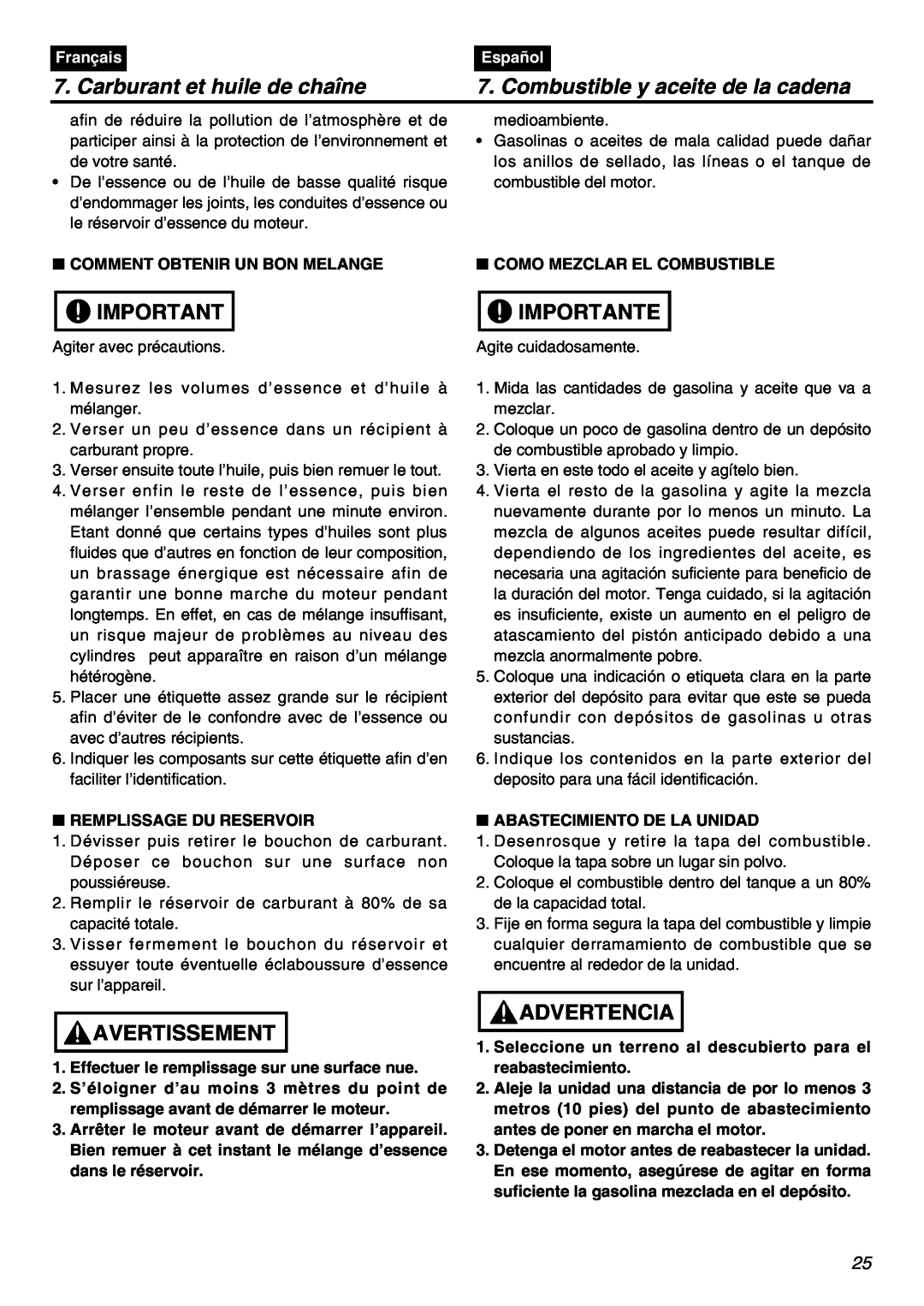 RedMax GZ400 manual Carburant et huile de chaîne, Combustible y aceite de la cadena, Importante, Avertissement, Advertencia 