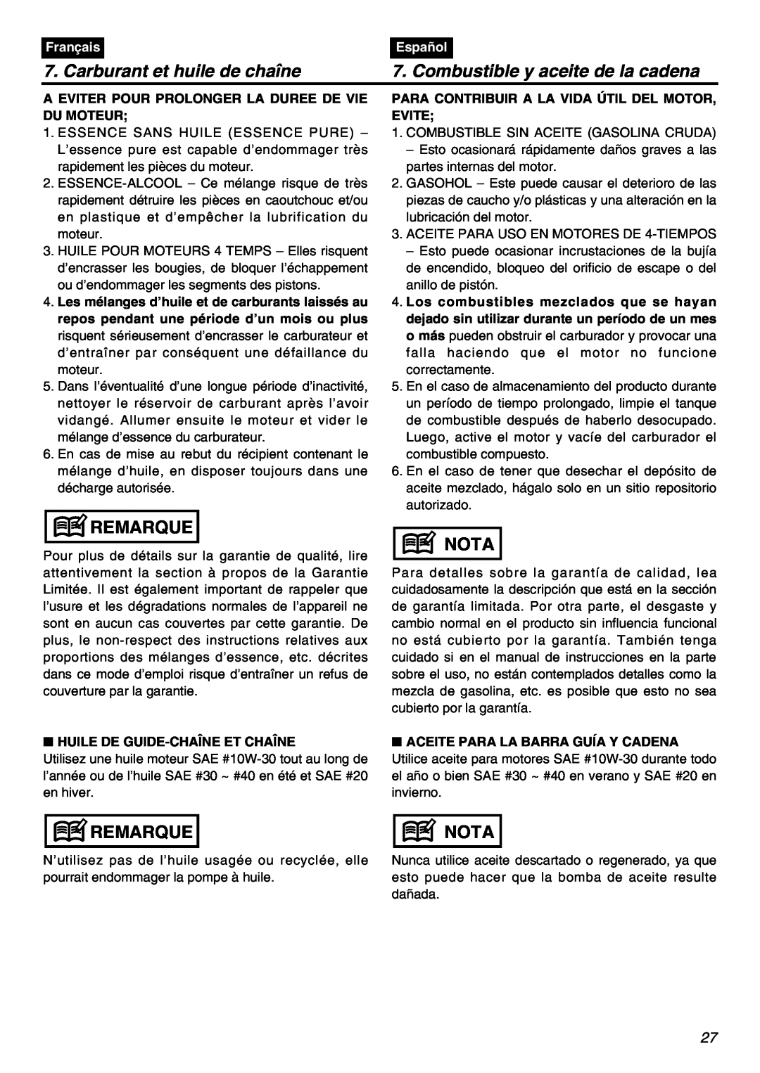 RedMax GZ400 manual Carburant et huile de chaîne, Combustible y aceite de la cadena, Remarque, Nota, Français, Español 