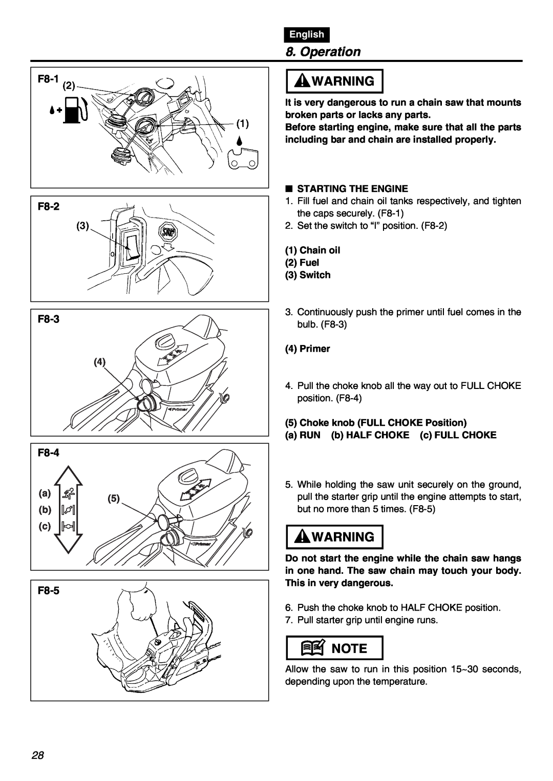 RedMax GZ400 manual Operation, F8-1 F8-2 F8-3, F8-4, F8-5, English 