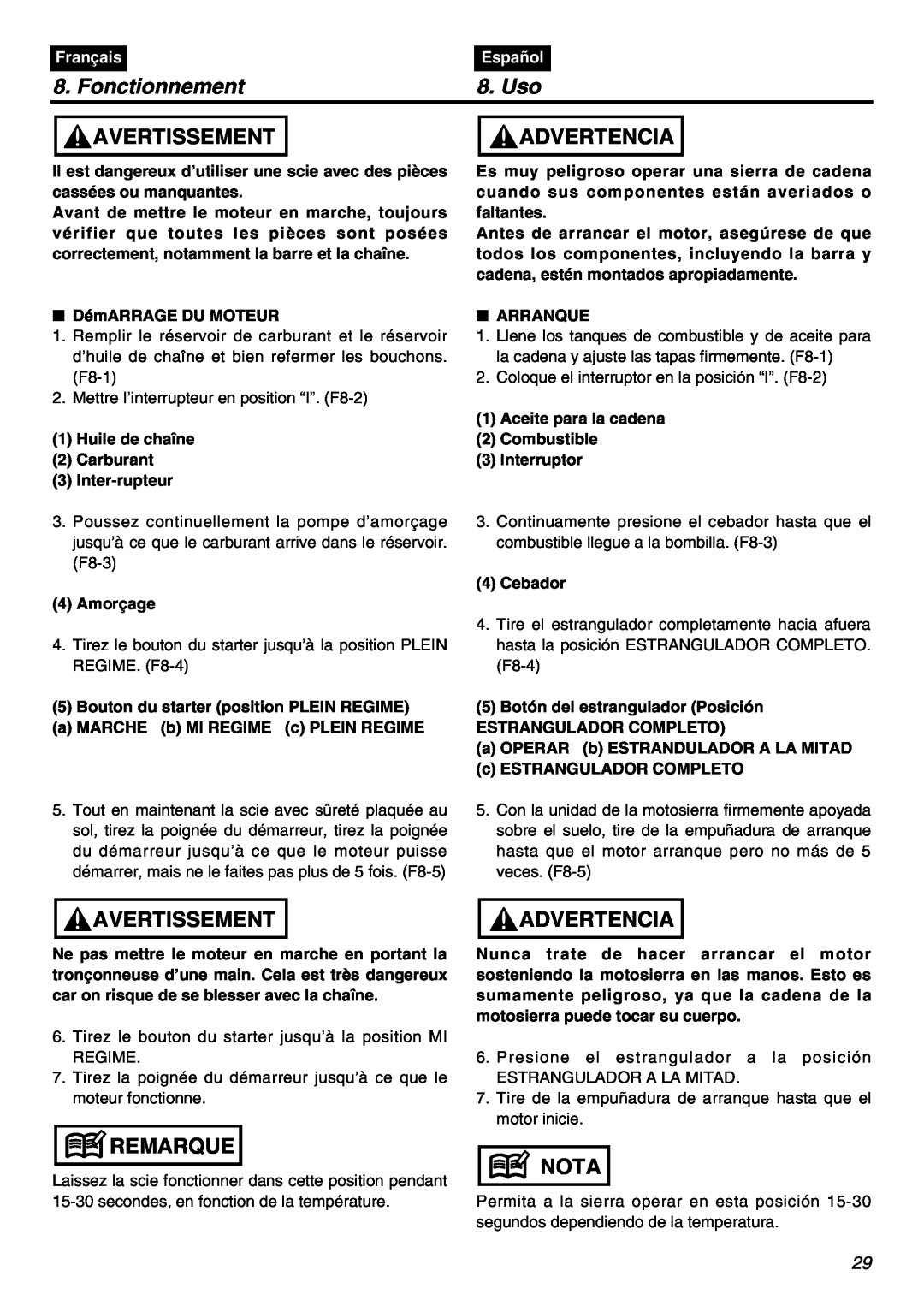 RedMax GZ400 manual Fonctionnement, Uso, Avertissement, Advertencia, Remarque, Nota, Français, Español 