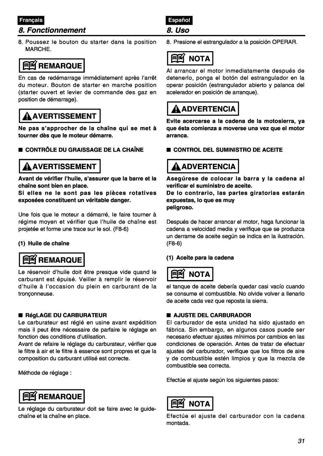 RedMax GZ400 manual Fonctionnement, Uso, Remarque, Avertissement, Nota, Advertencia 