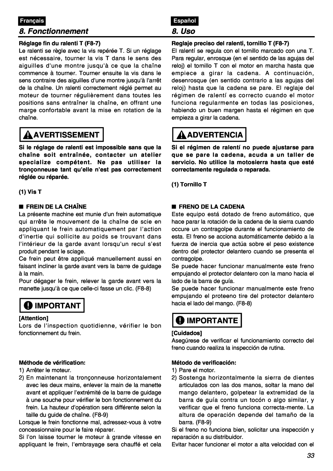 RedMax GZ400 manual Fonctionnement, Uso, Avertissement, Advertencia, Importante, Français, Español 