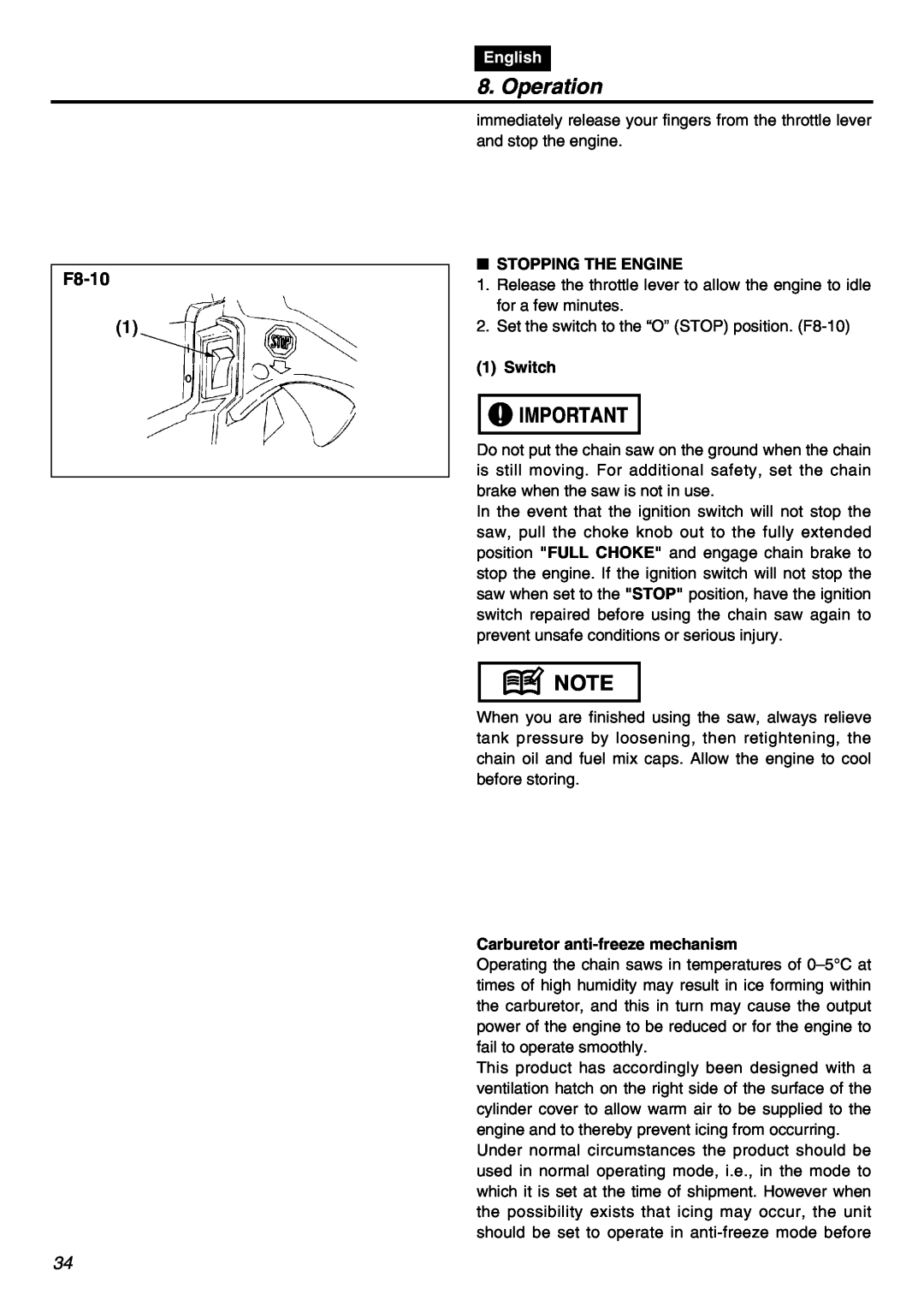 RedMax GZ400 manual F8-10, Operation, English, Stopping The Engine, Switch, Carburetor anti-freeze mechanism 