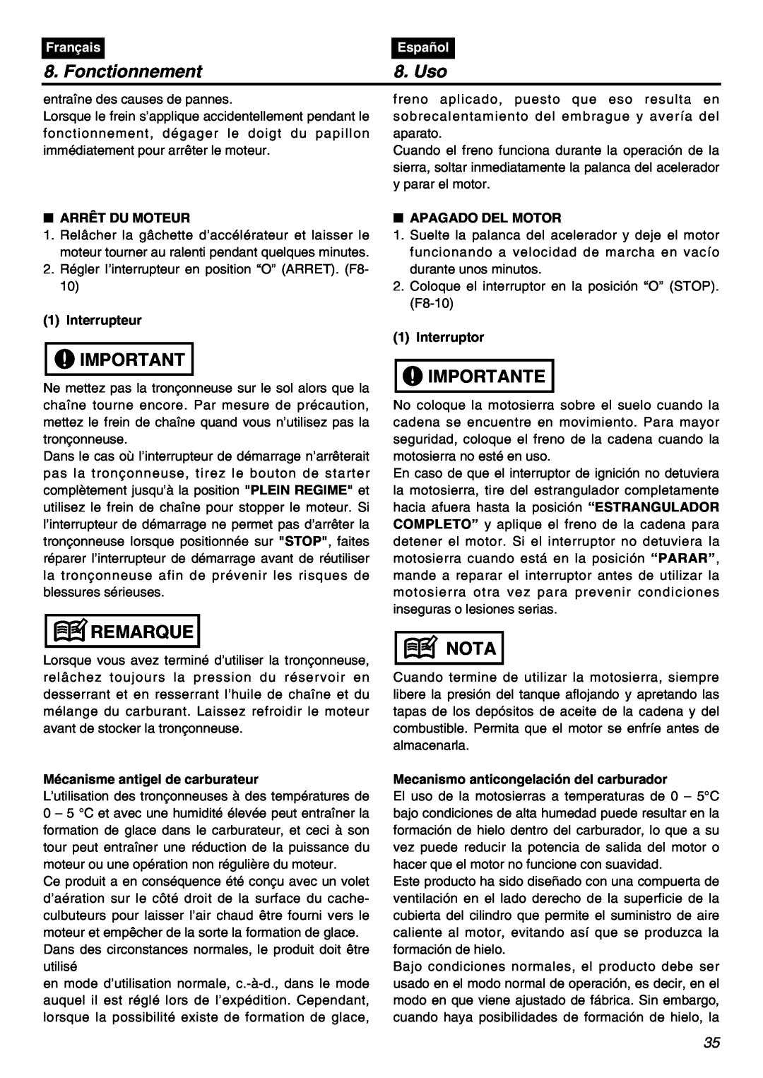 RedMax GZ400 manual Fonctionnement, Uso, Remarque, Importante, Nota, Français, Español 
