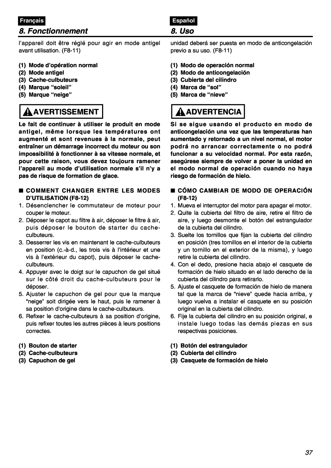 RedMax GZ400 manual Fonctionnement, Uso, Avertissement, Advertencia, Français, Español 