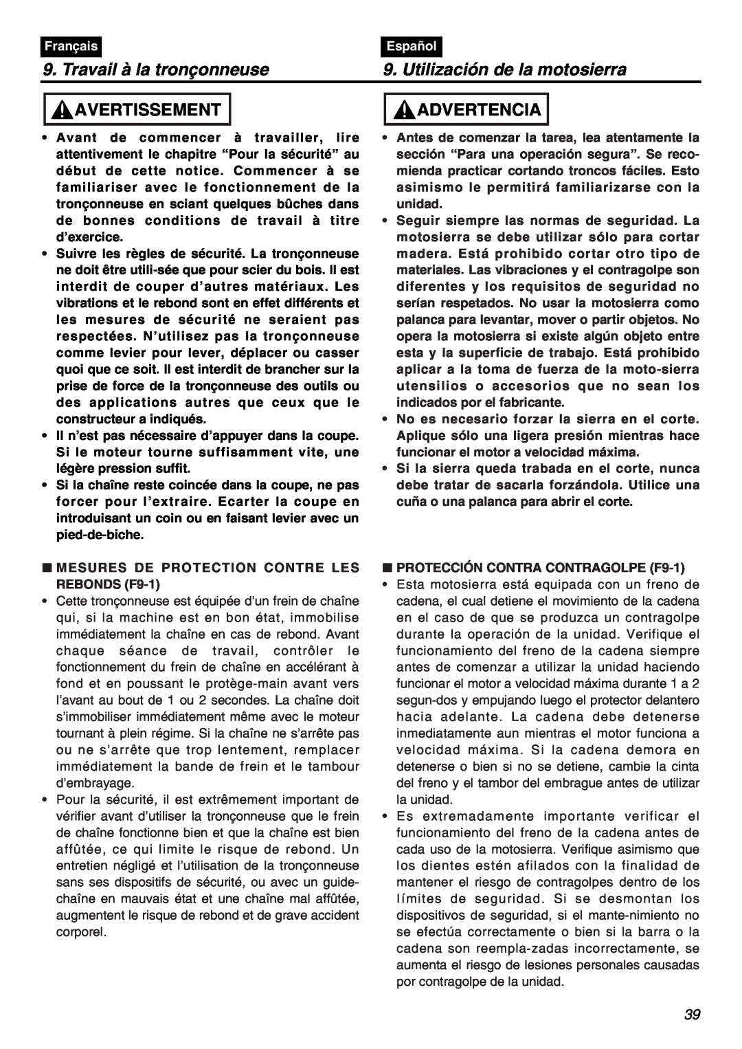 RedMax GZ400 manual Travail à la tronçonneuse, Utilización de la motosierra, Avertissement, Advertencia, Français, Español 