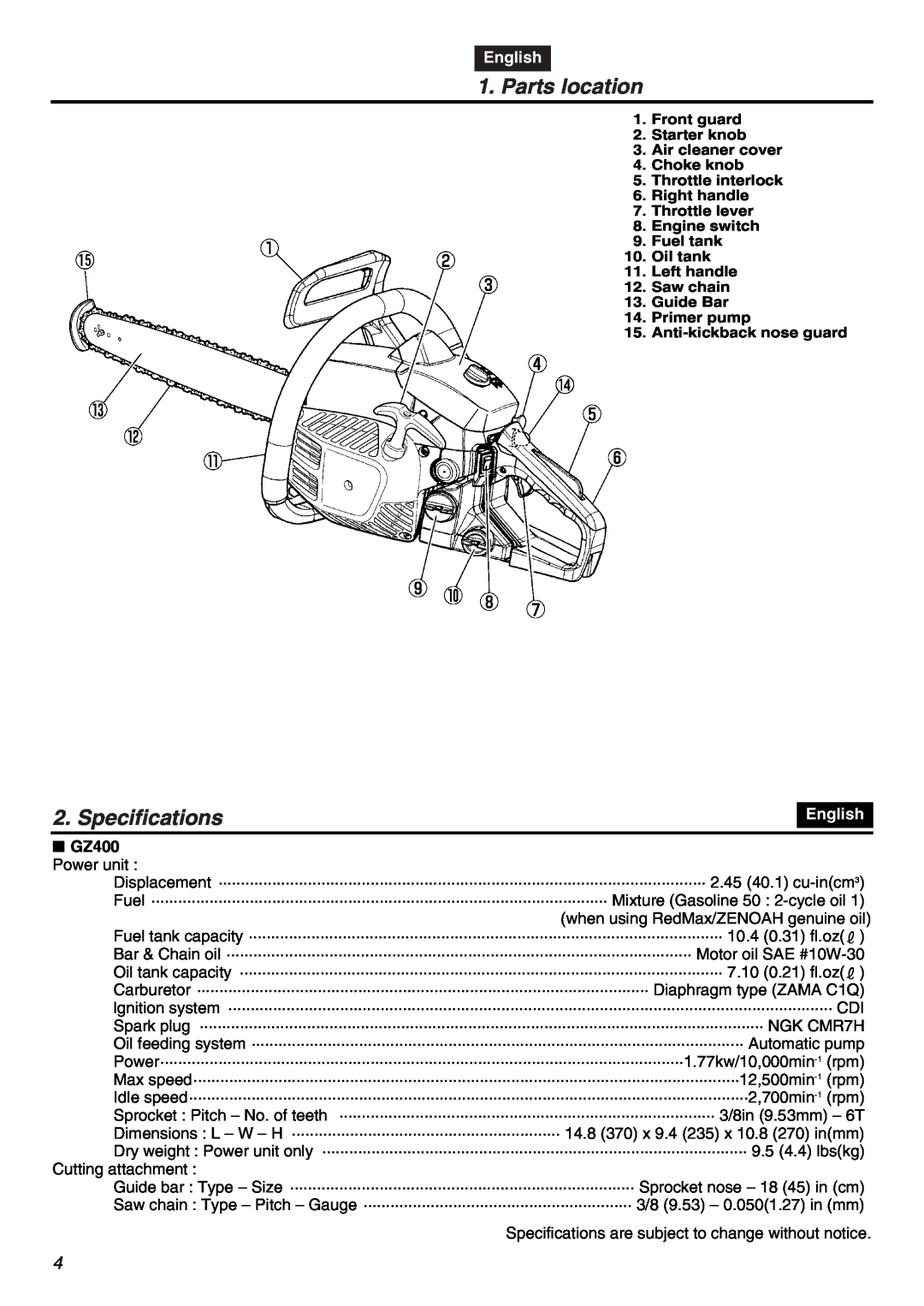 RedMax GZ400 manual Parts location, Specifications, English 