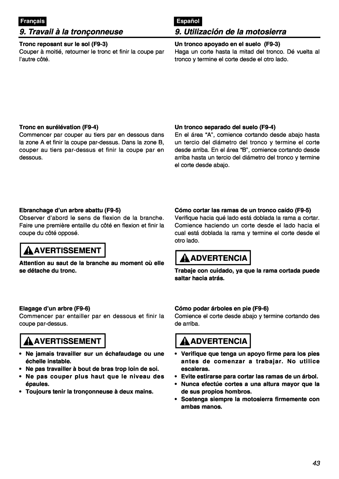 RedMax GZ400 manual Travail à la tronçonneuse, Utilización de la motosierra, Avertissement, Advertencia, Français, Español 
