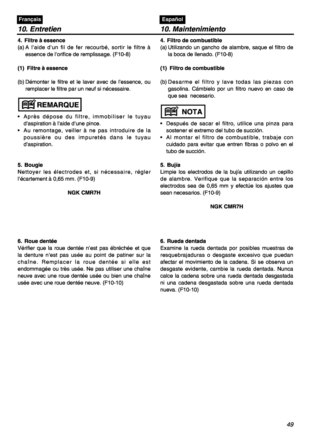 RedMax GZ400 manual Entretien, Maintenimiento, Remarque, Nota, Français, Español 