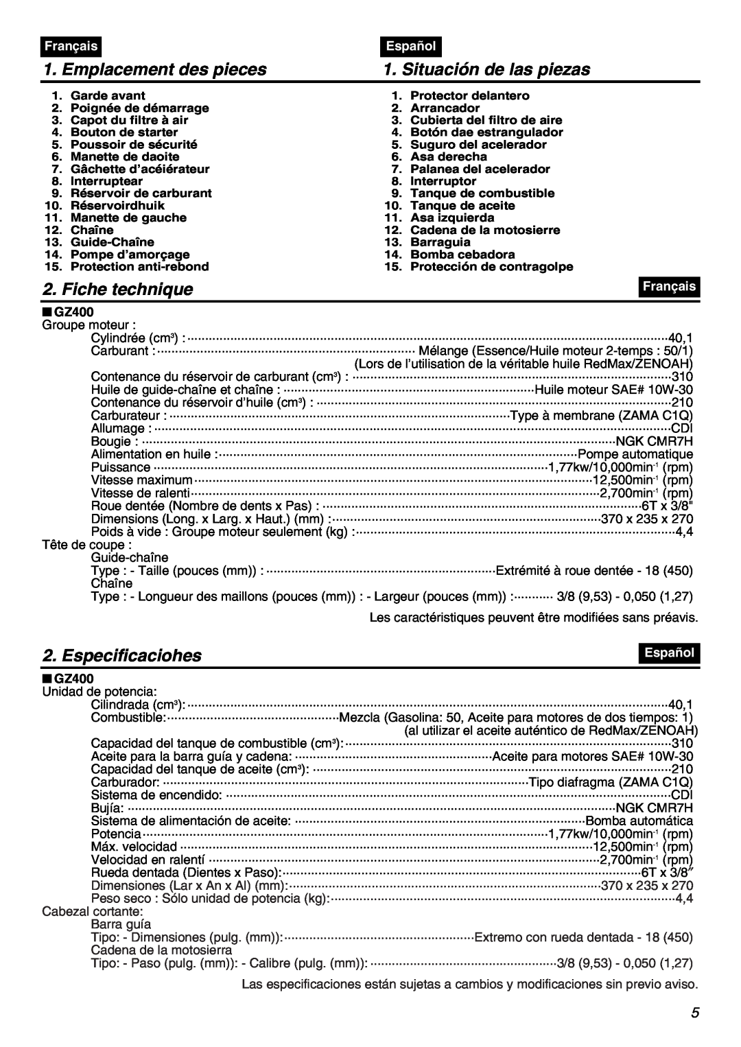 RedMax GZ400 manual Emplacement des pieces, Situación de las piezas, Fiche technique, Especificaciohes, Français, Español 