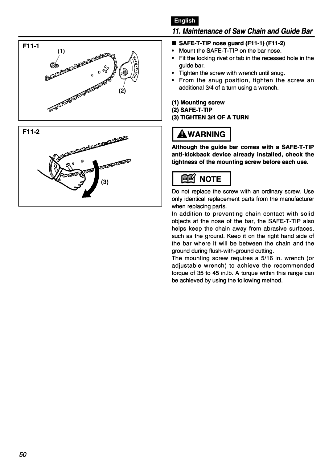 RedMax GZ400 manual Maintenance of Saw Chain and Guide Bar, F11-1 F11-2, English 