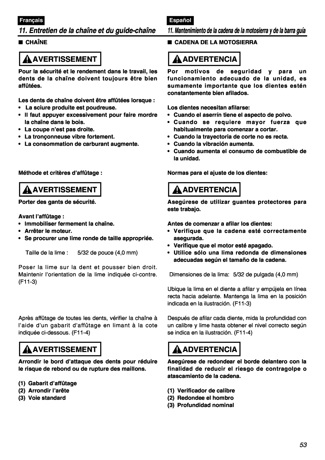 RedMax GZ400 manual Entretien de la chaîne et du guide-chaîne, Chaîne, Cadena De La Motosierra, Avertissement, Advertencia 