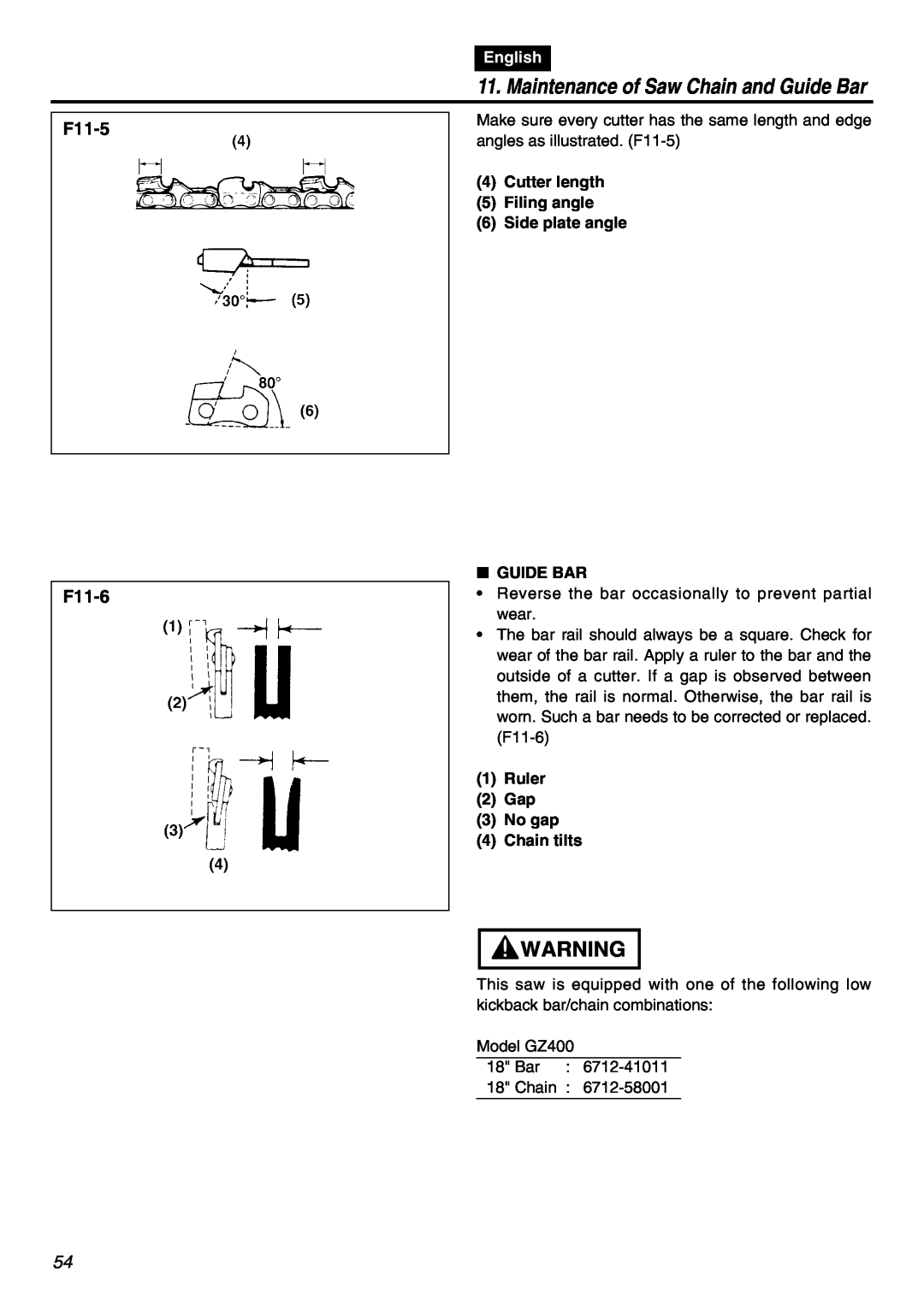 RedMax GZ400 manual F11-5 F11-6, Maintenance of Saw Chain and Guide Bar, English, Ruler 2 Gap 3 No gap 4 Chain tilts 