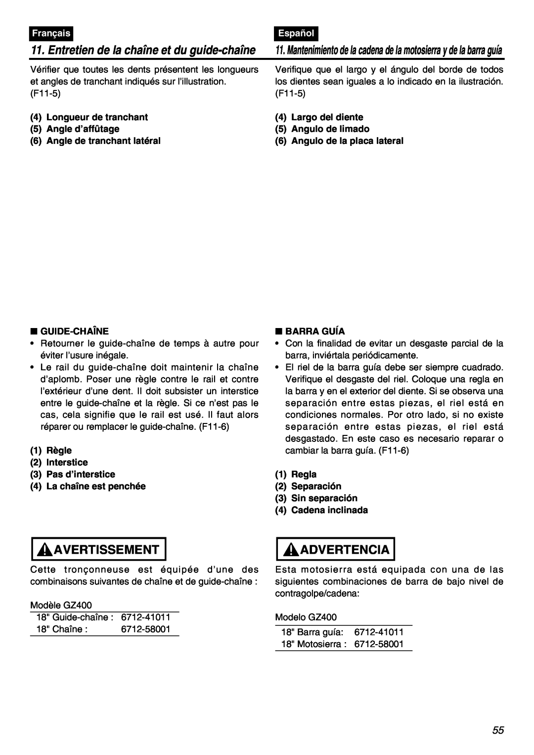 RedMax GZ400 manual Avertissement, Advertencia, Entretien de la chaîne et du guide-chaîne, Français, Español 