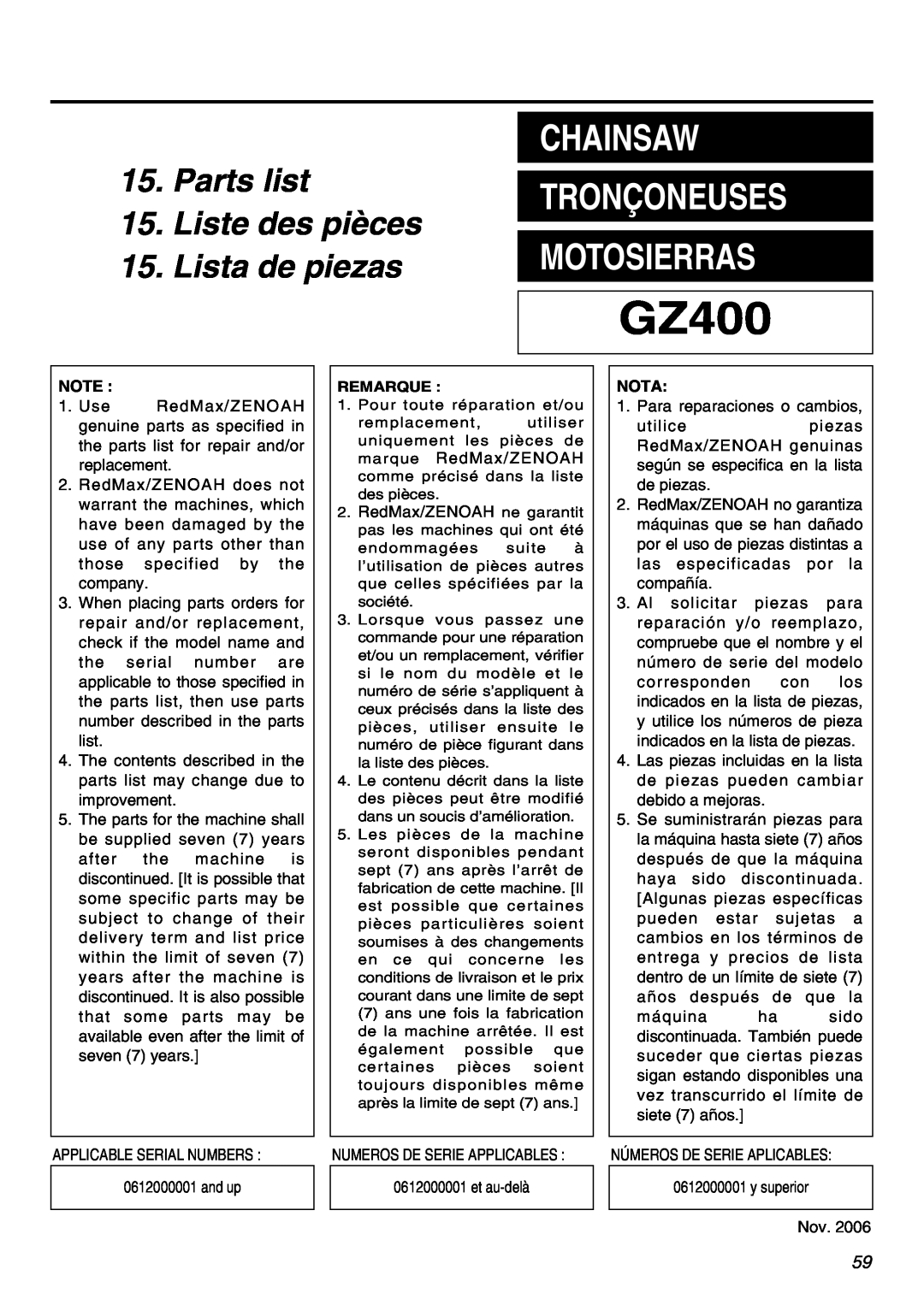 RedMax GZ400 manual Chainsaw, Tronçoneuses, Motosierras, Parts list, Liste des pièces, Lista de piezas 