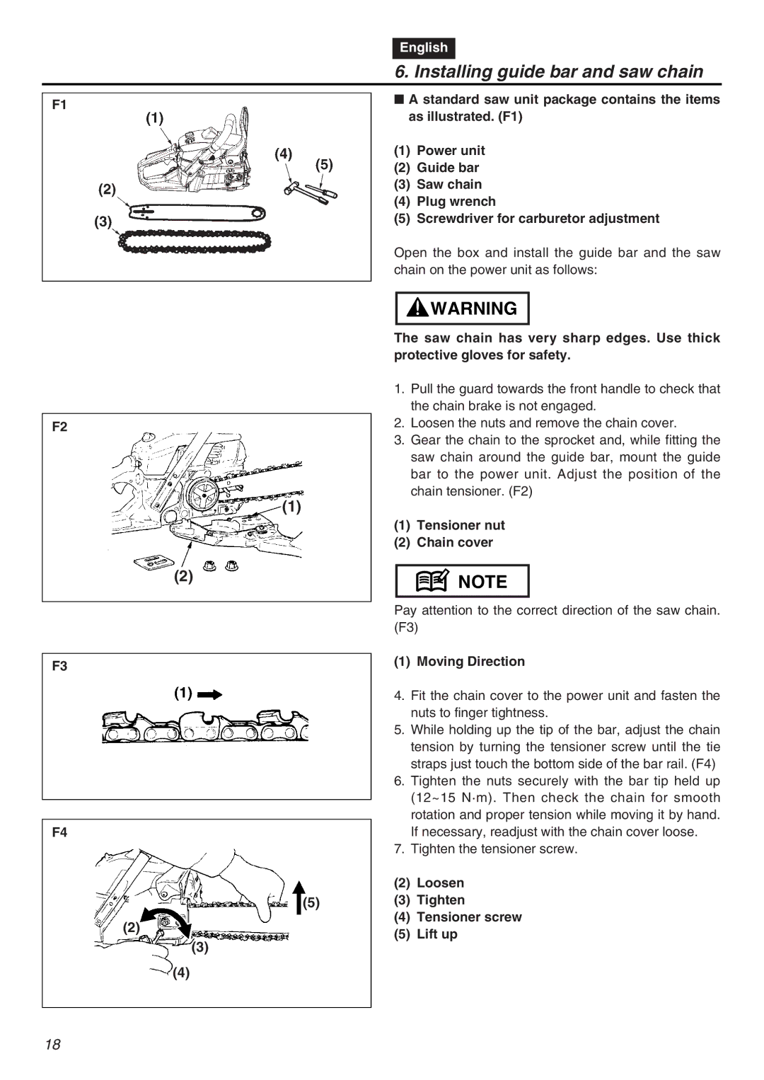 RedMax GZ4000 manual Installing guide bar and saw chain, Tensioner nut Chain cover, Moving Direction 