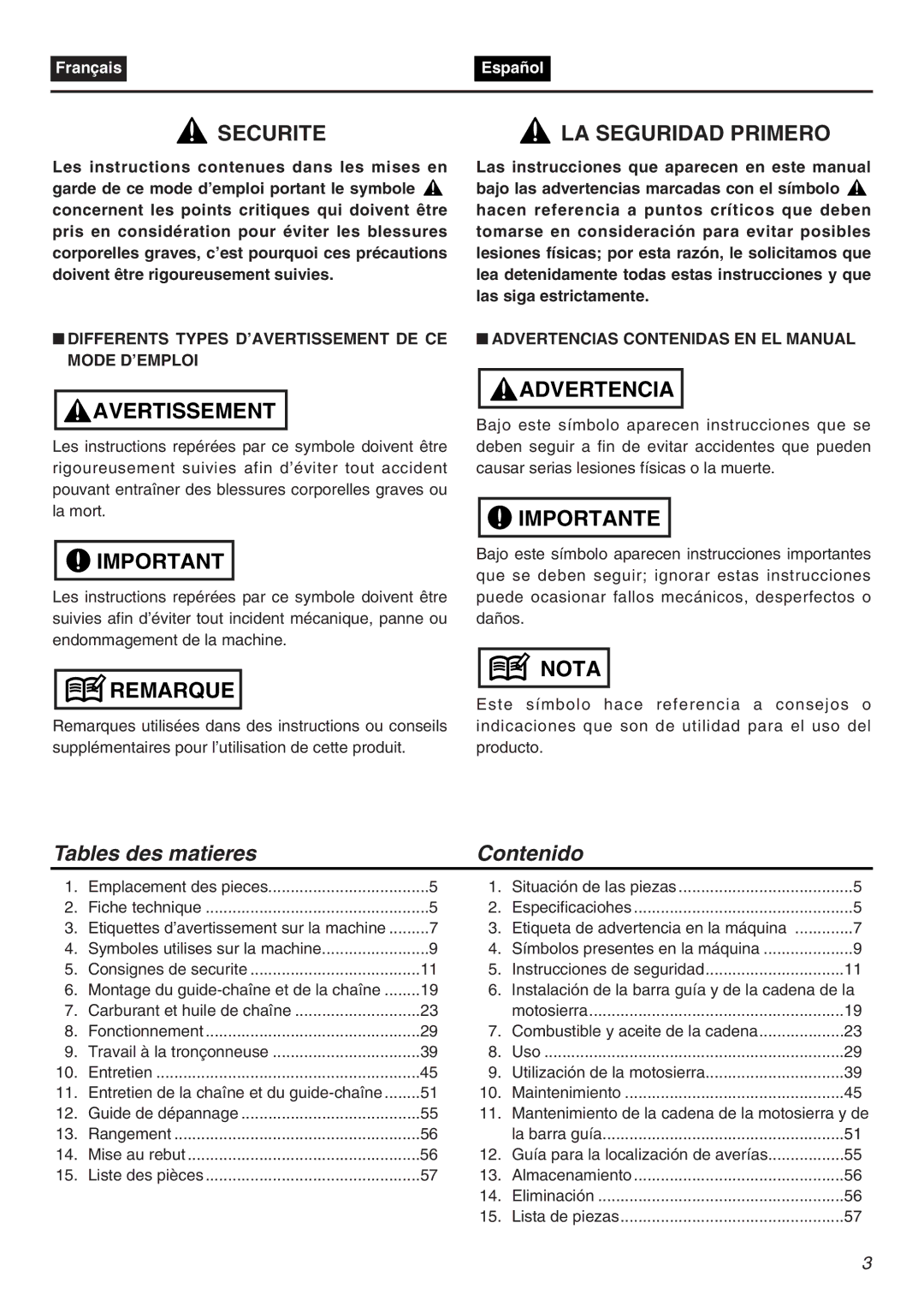 RedMax GZ4000 manual Tables des matieres Contenido, Differents Types D’AVERTISSEMENT DE CE Mode D’EMPLOI 