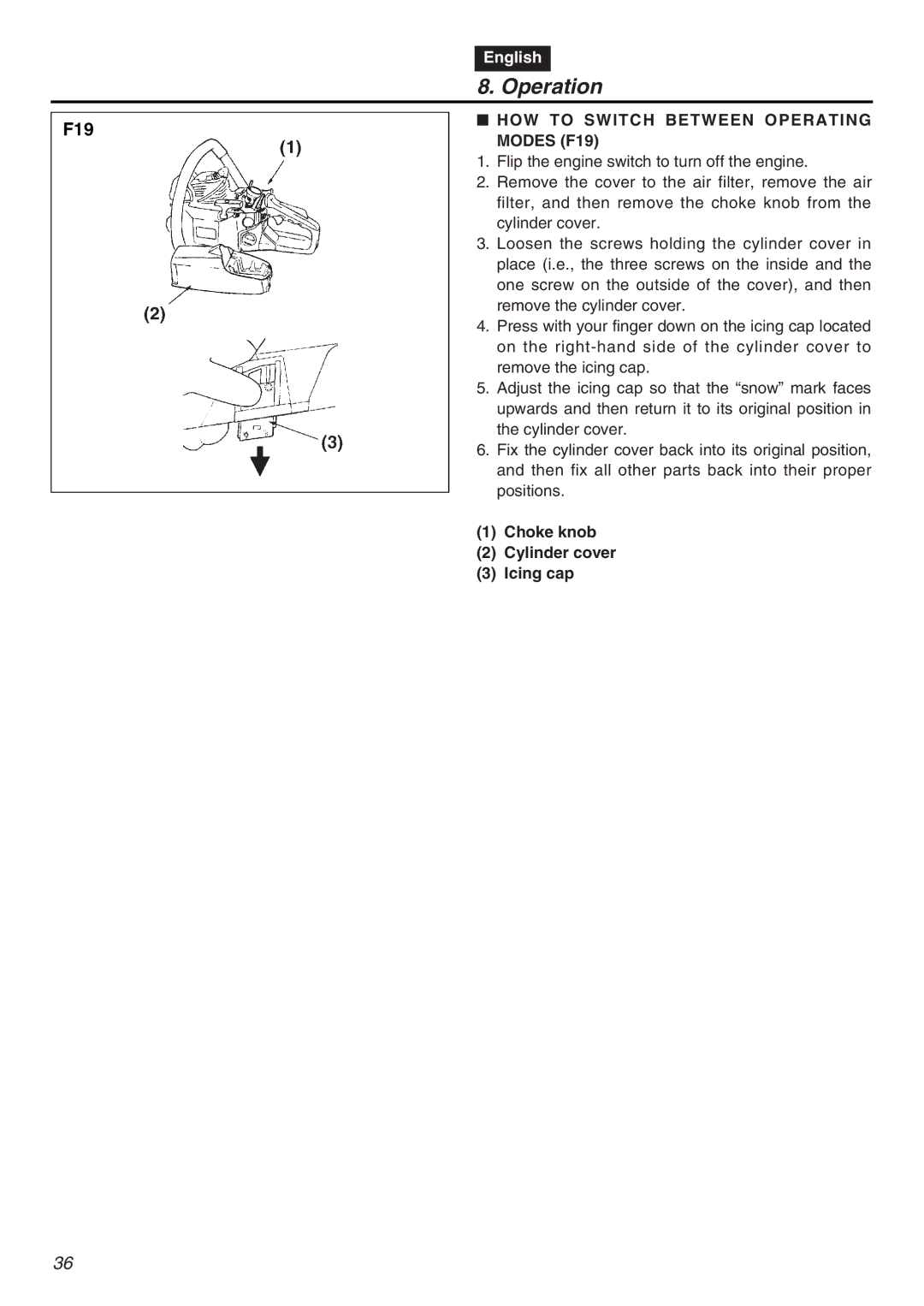 RedMax GZ4000 manual HOW to Switch Between Operating Modes F19, Choke knob Cylinder cover Icing cap 