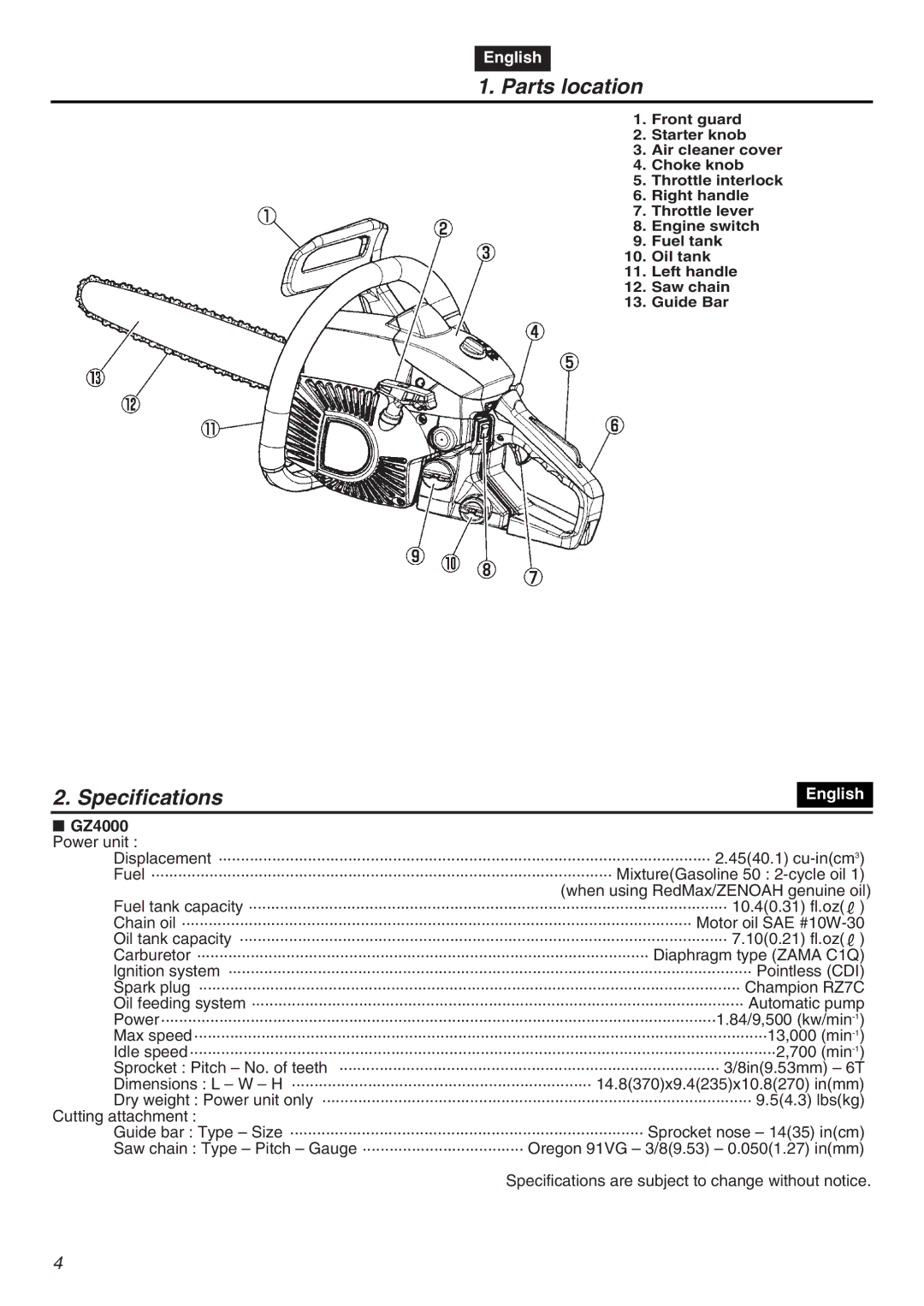 RedMax manual Parts location, Specifications, GZ4000 Power unit 